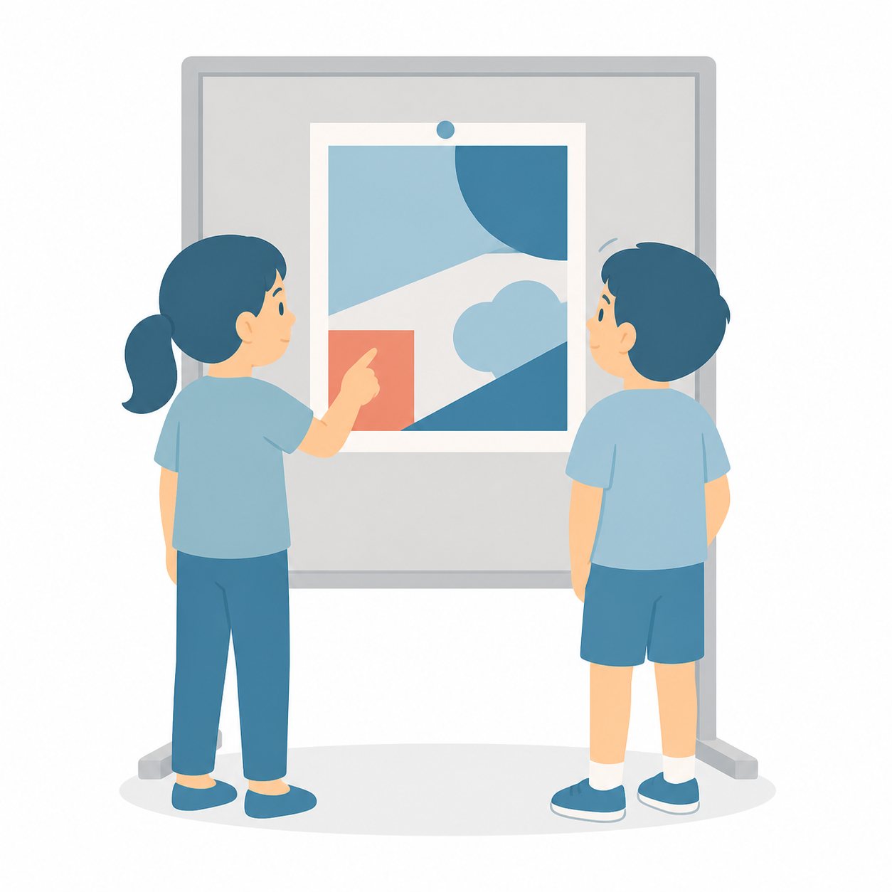 小学生・作品をかんしょうする子。友だちの作品を見合う2人。輪郭線なしのフラットイラスト。小学生の活動場面シリーズ（私服・体操服・白衣）。