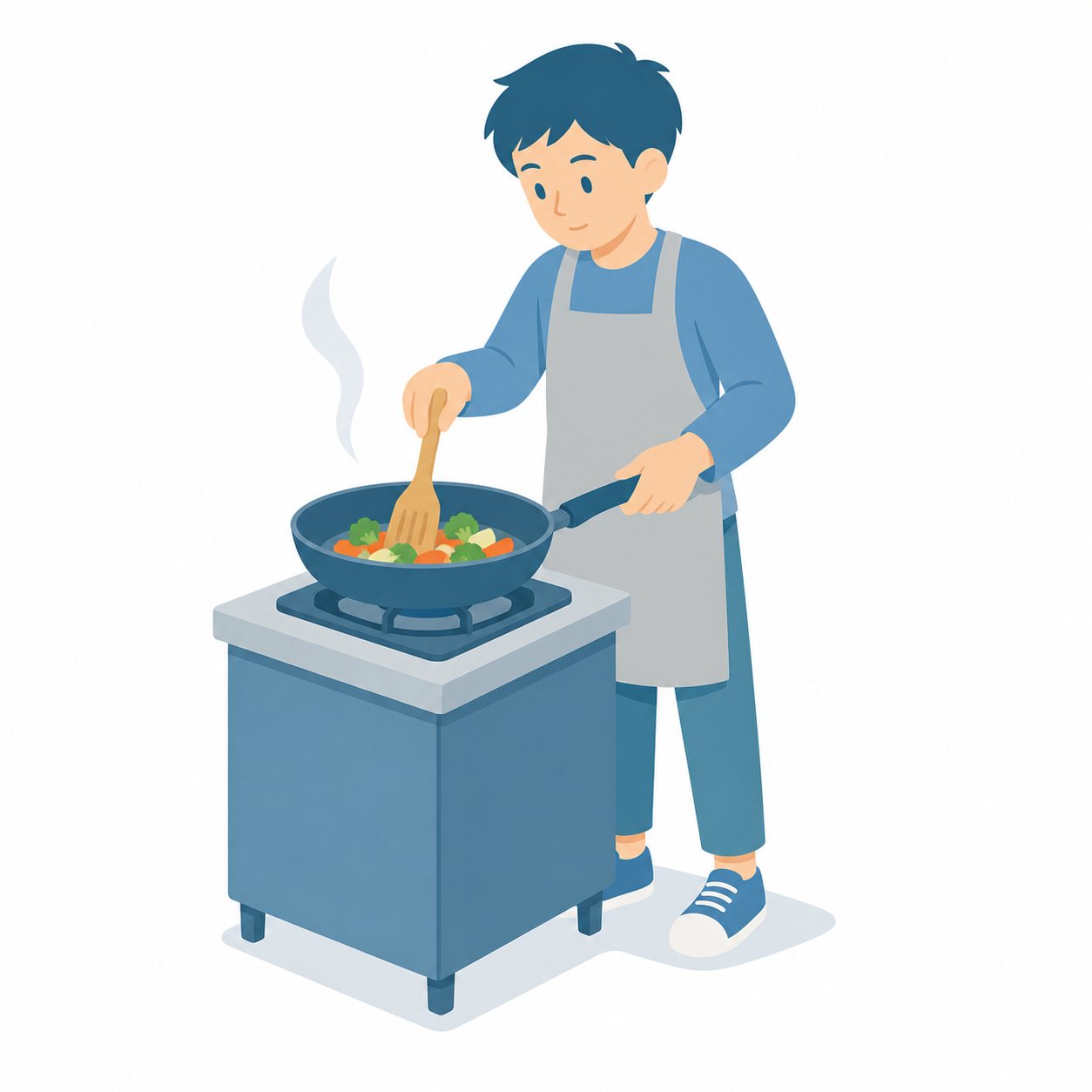 小学生・フライパンでいためる子。野菜いためを作る6年生。輪郭線なしのフラットイラスト。小学生の活動場面シリーズ（私服・体操服・白衣）。