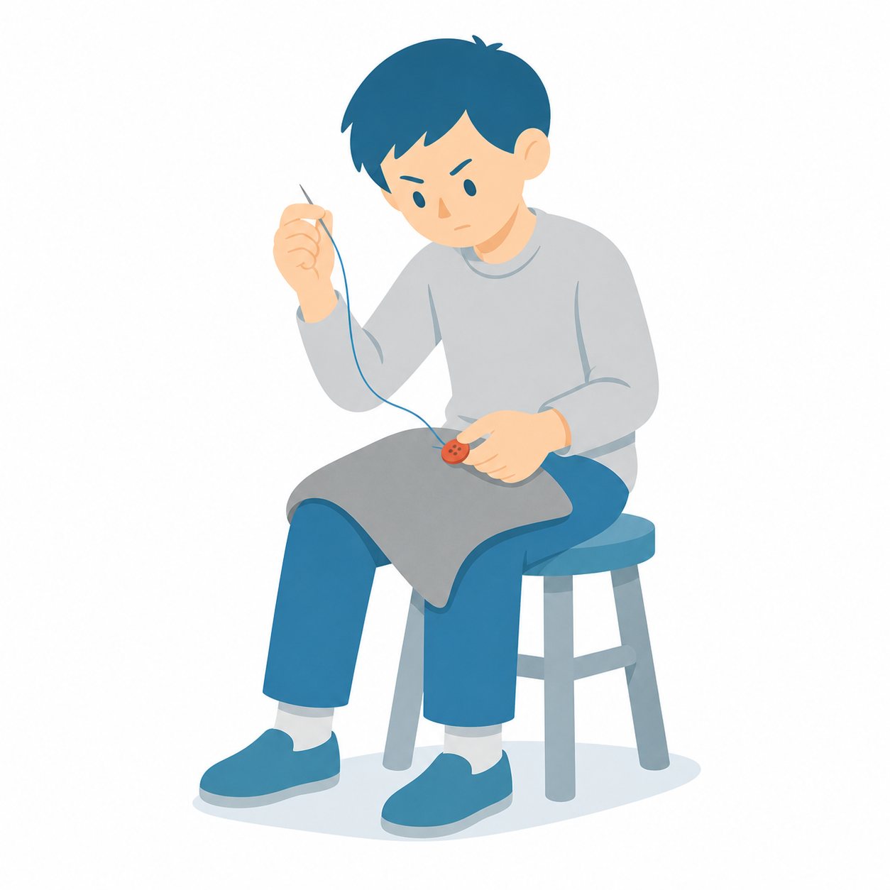 小学生・ボタンつけをする子。ボタン付けをする男の子。輪郭線なしのフラットイラスト。小学生の活動場面シリーズ（私服・体操服・白衣）。