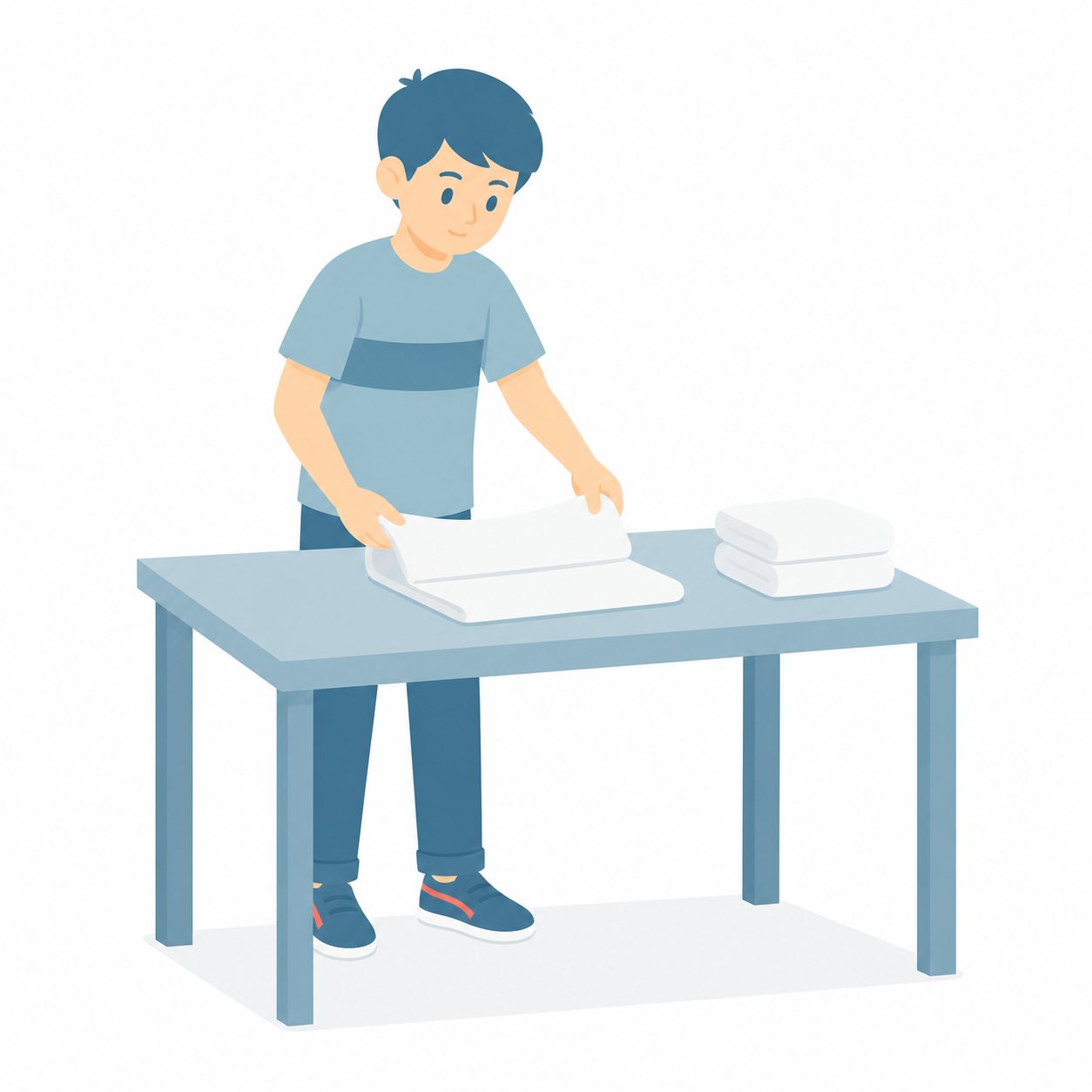 小学生・せんたく物をたたむ子。洗濯物をたたむ男の子。輪郭線なしのフラットイラスト。小学生の活動場面シリーズ（私服・体操服・白衣）。