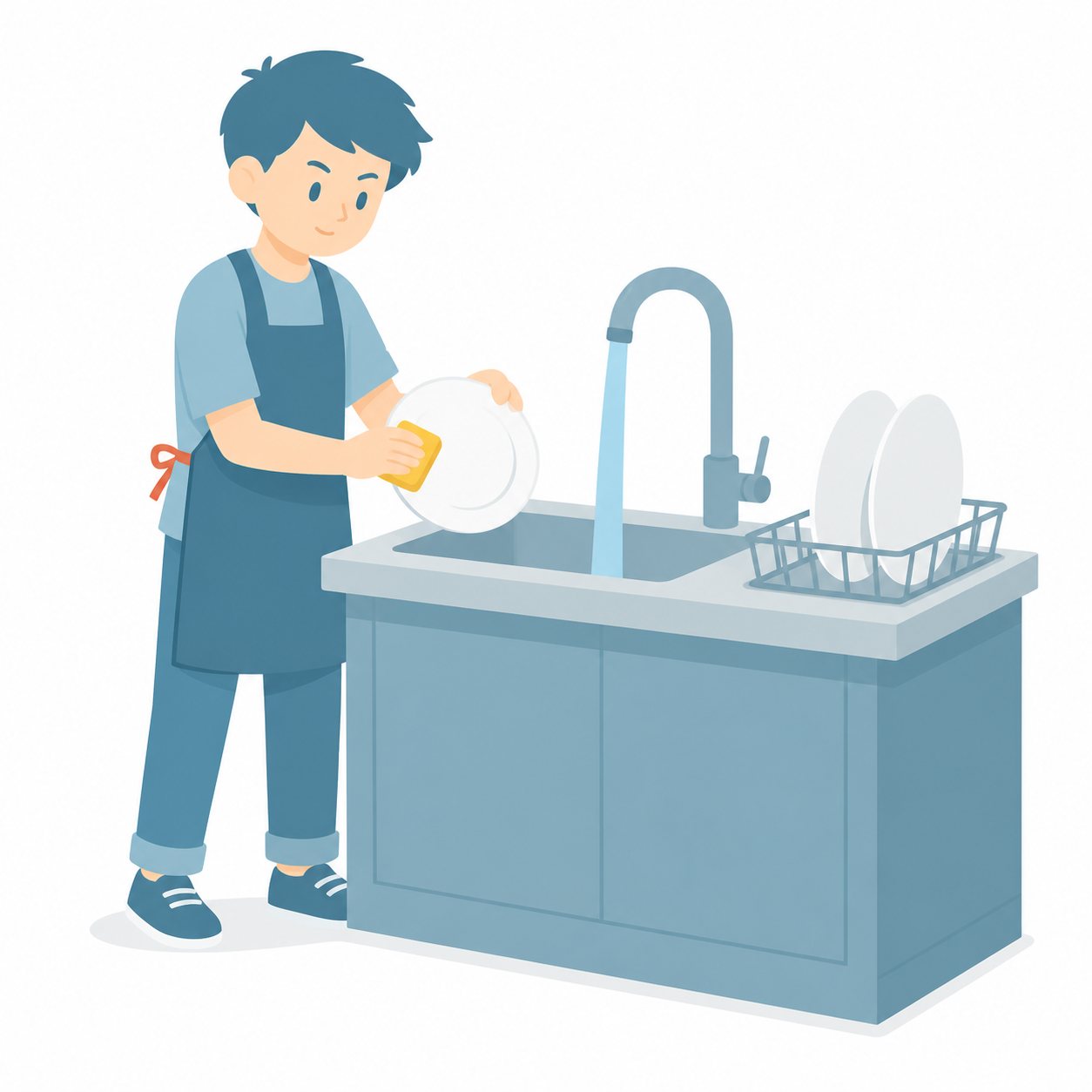 小学生・食器をあらう子。後片付けで食器を洗う男の子。輪郭線なしのフラットイラスト。小学生の活動場面シリーズ（私服・体操服・白衣）。