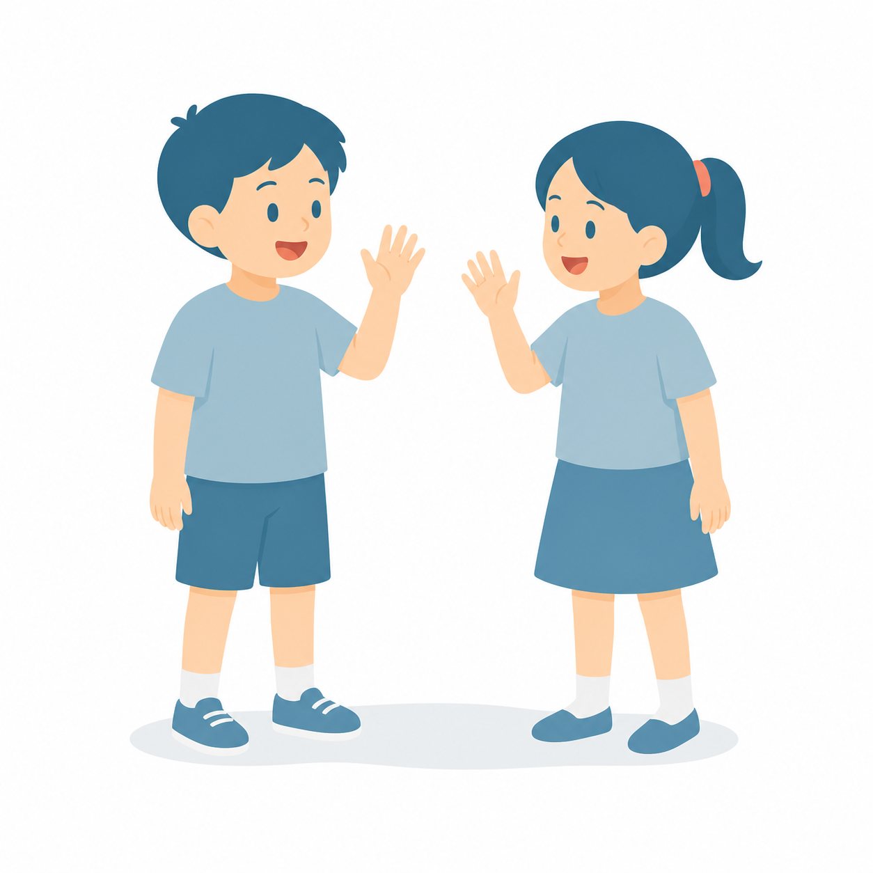 小学生・あいさつをかわす子。英語であいさつする2人。輪郭線なしのフラットイラスト。小学生の活動場面シリーズ（私服・体操服・白衣）。