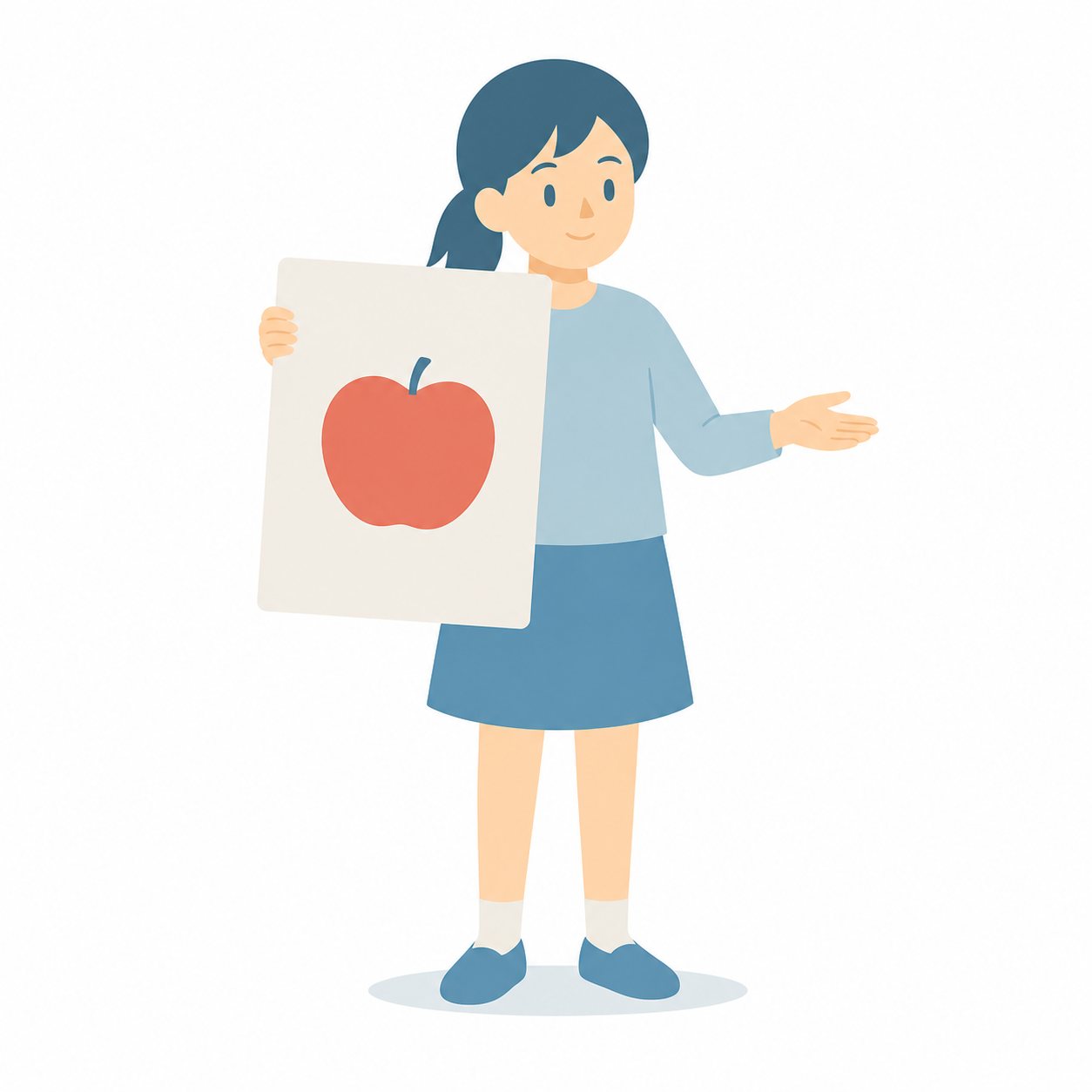 小学生・絵カードを見せる子。絵カードを掲げる女の子。輪郭線なしのフラットイラスト。小学生の活動場面シリーズ（私服・体操服・白衣）。