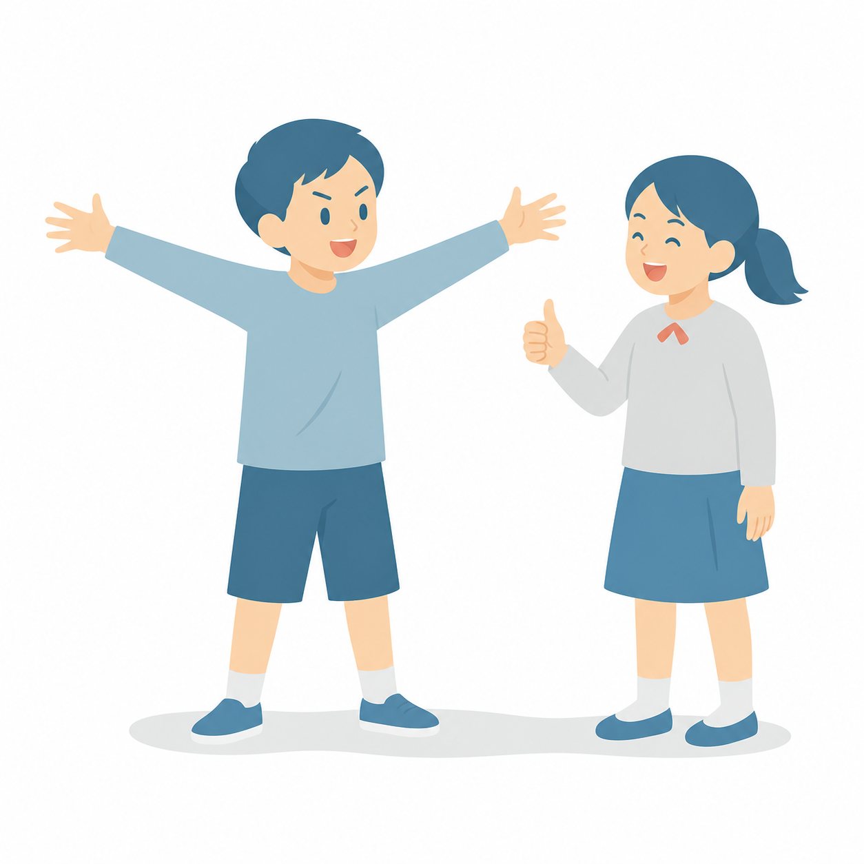 小学生・ジェスチャーで会話する子。身ぶりで英語の会話をする2人。輪郭線なしのフラットイラスト。小学生の活動場面シリーズ（私服・体操服・白衣）。