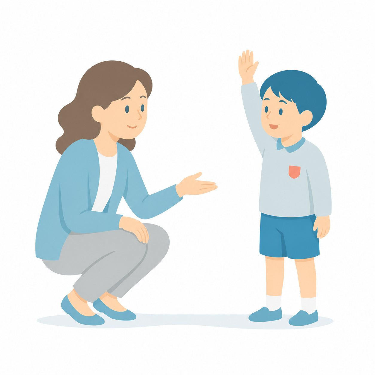 小学生・外国語の先生と話す子。ALTの先生と話す子ども。輪郭線なしのフラットイラスト。小学生の活動場面シリーズ（私服・体操服・白衣）。
