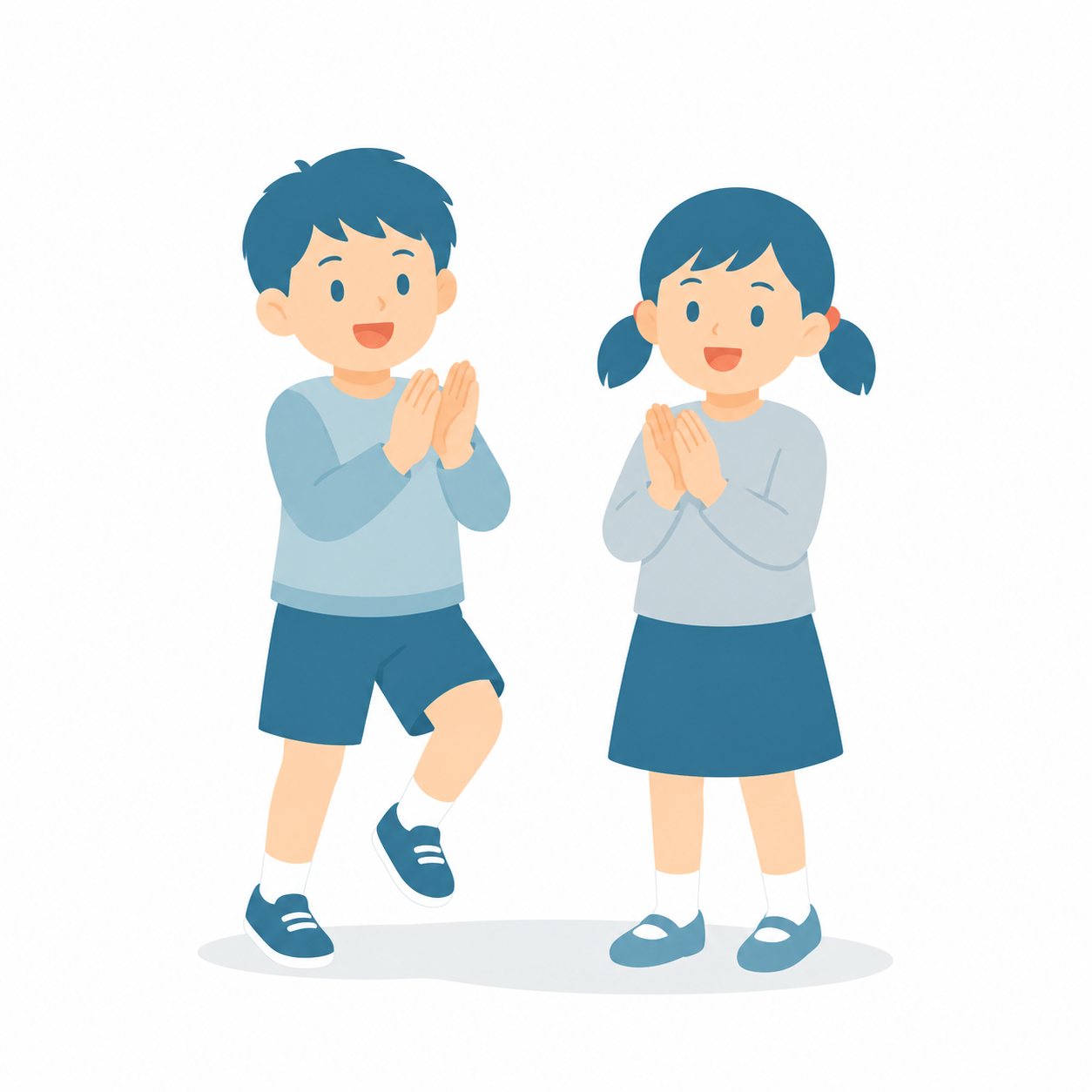 小学生・チャンツで手びょうしする子。チャンツを楽しむ2人。輪郭線なしのフラットイラスト。小学生の活動場面シリーズ（私服・体操服・白衣）。