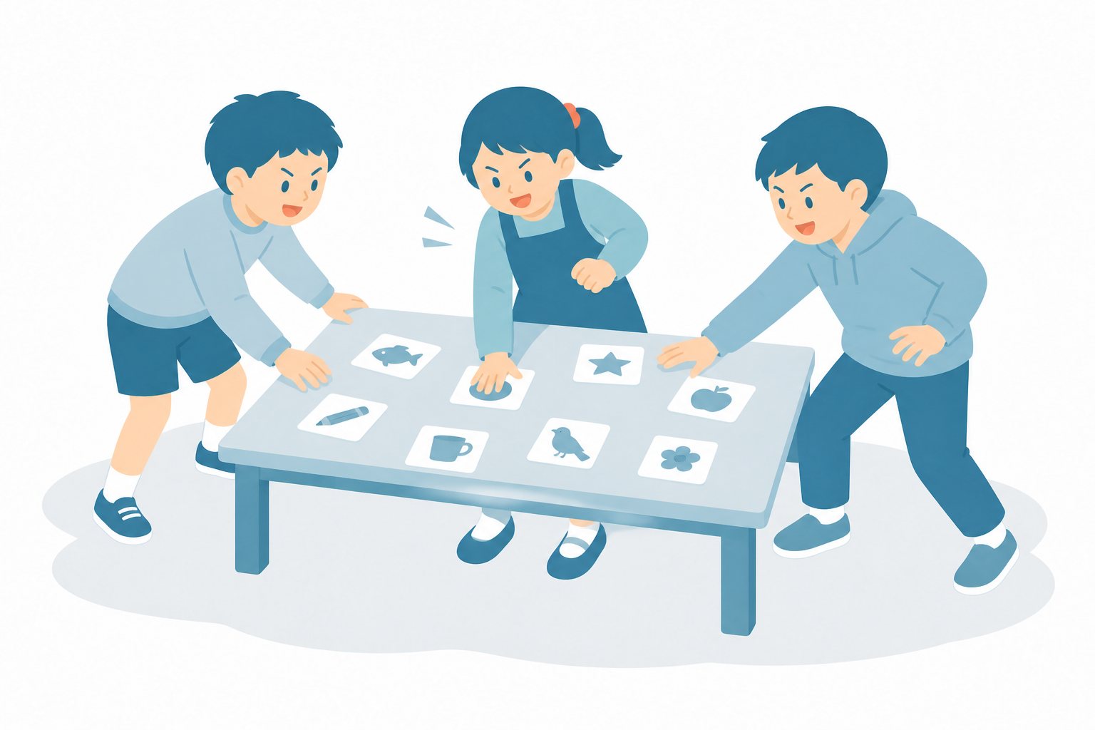 小学生・カルタゲームをする子。絵カードのカルタ取りをする3人。輪郭線なしのフラットイラスト。小学生の活動場面シリーズ(私服・体操服・白衣)。