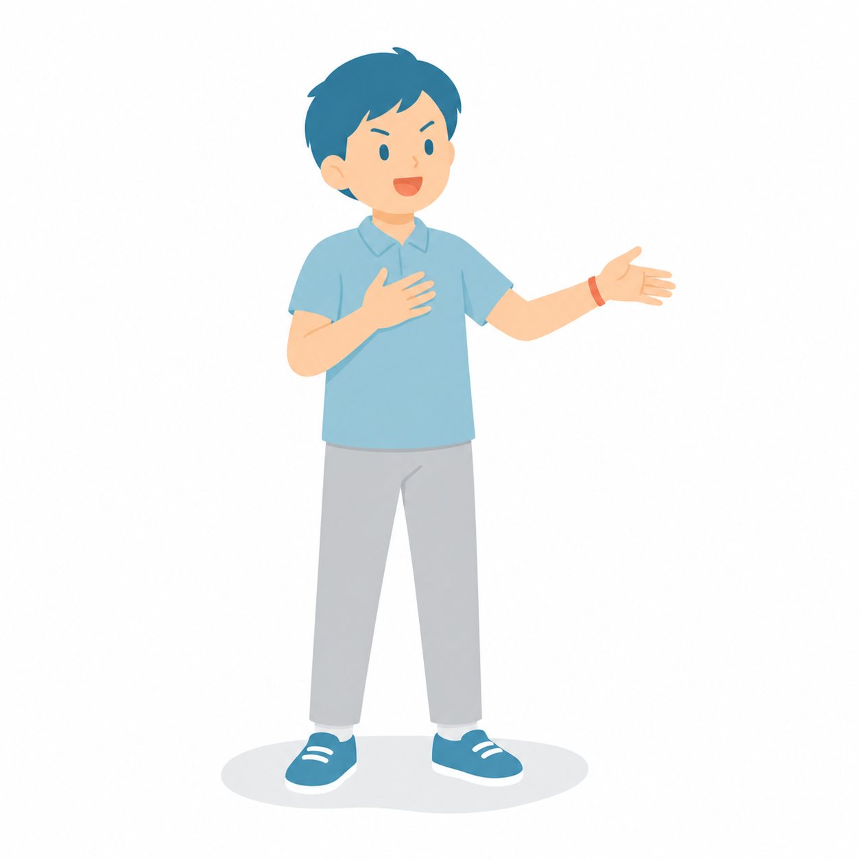 小学生・英語でスピーチする子。みんなの前で英語スピーチする男の子。輪郭線なしのフラットイラスト。小学生の活動場面シリーズ（私服・体操服・白衣）。