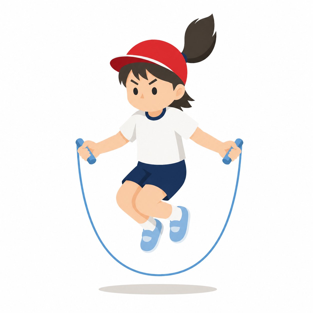 小学生・なわとびをする子。前とびをする女の子。輪郭線なしのフラットイラスト。小学生の活動場面シリーズ（私服・体操服・白衣）。