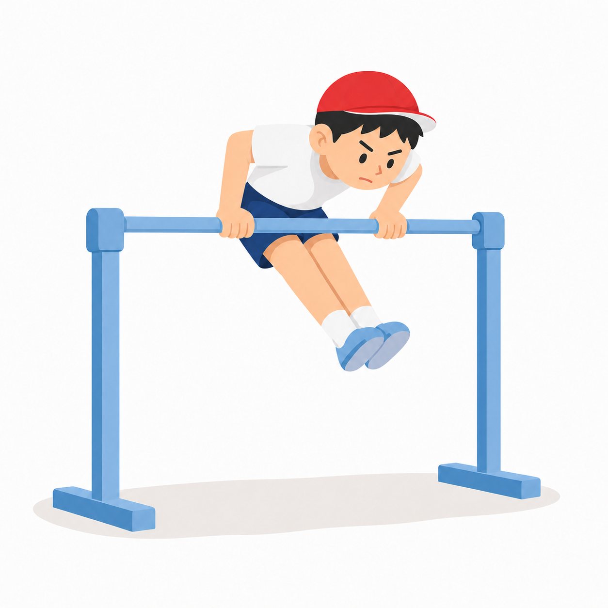 小学生・てつぼうをする子。前回りをする男の子。輪郭線なしのフラットイラスト。小学生の活動場面シリーズ(私服・体操服・白衣)。