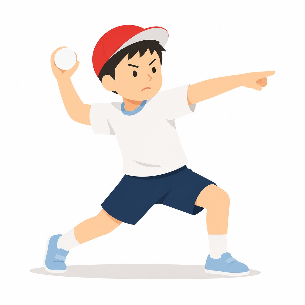 小学生・ボールを投げる子。ソフトボール投げをする男の子。輪郭線なしのフラットイラスト。小学生の活動場面シリーズ（私服・体操服・白衣）。