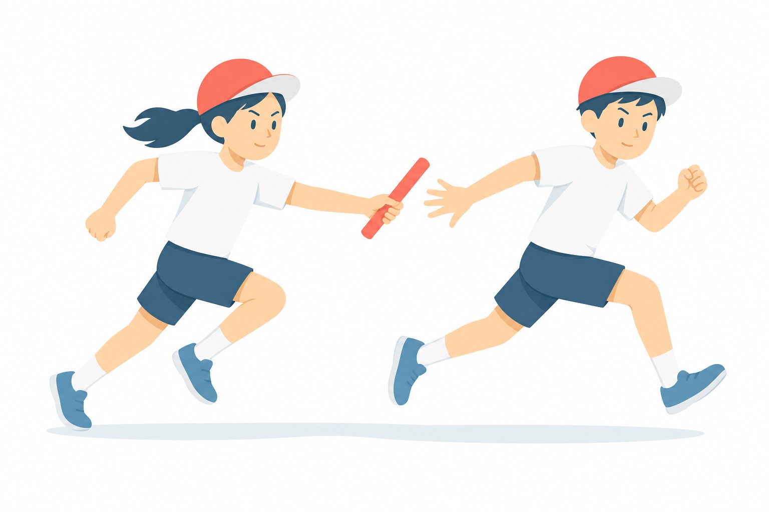小学生・リレーのバトンパスをする子。バトンパスする2人。輪郭線なしのフラットイラスト。小学生の活動場面シリーズ（私服・体操服・白衣）。