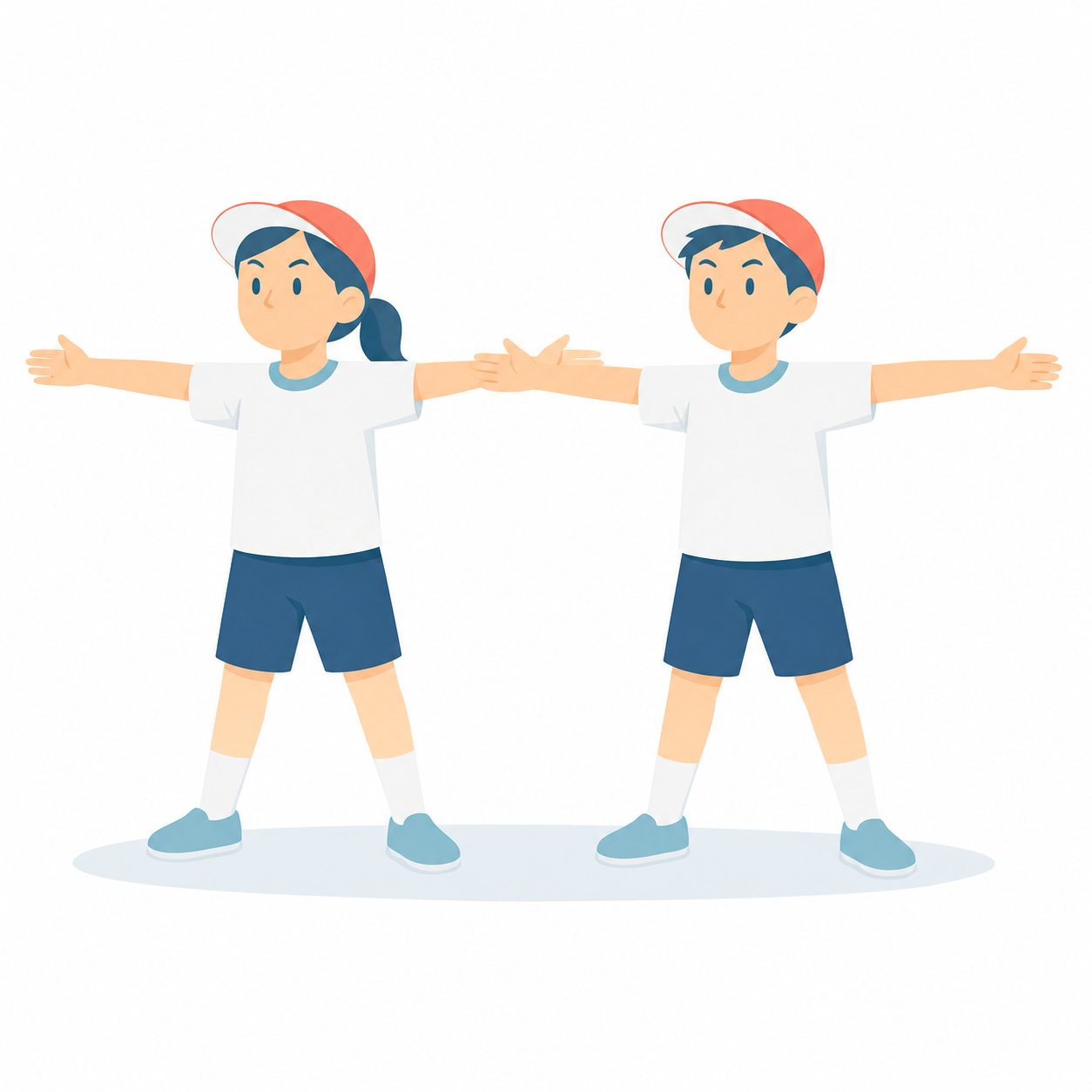 小学生・たいそうをする子。ラジオ体操をする2人。輪郭線なしのフラットイラスト。小学生の活動場面シリーズ（私服・体操服・白衣）。
