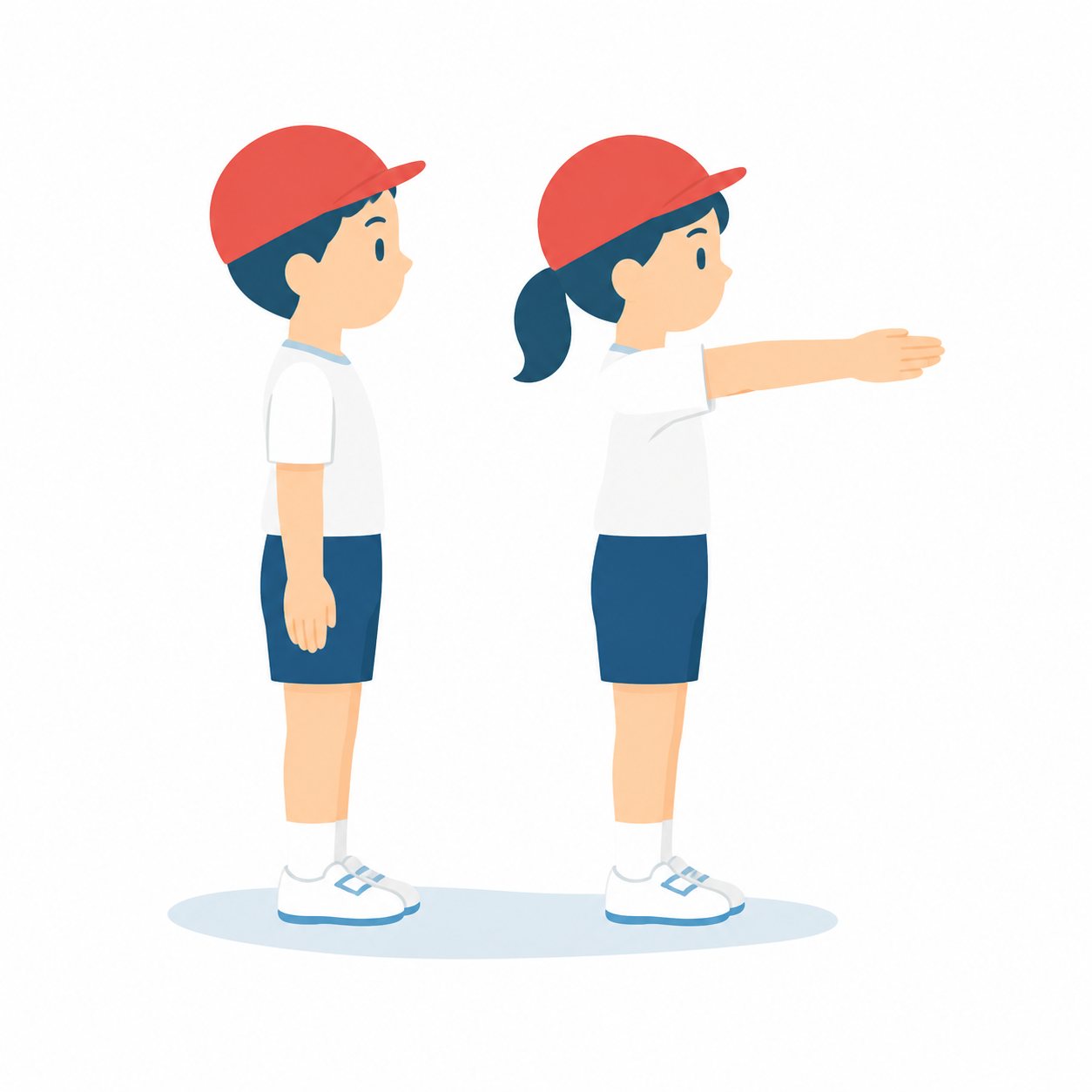 小学生・せいれつする子（前ならえ）。前ならえで整列する2人。輪郭線なしのフラットイラスト。小学生の活動場面シリーズ（私服・体操服・白衣）。
