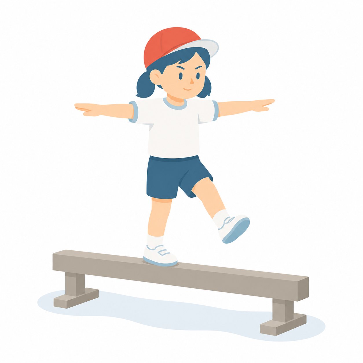 小学生・へいきん台をわたる子。平均台をわたる1年生。輪郭線なしのフラットイラスト。小学生の活動場面シリーズ（私服・体操服・白衣）。
