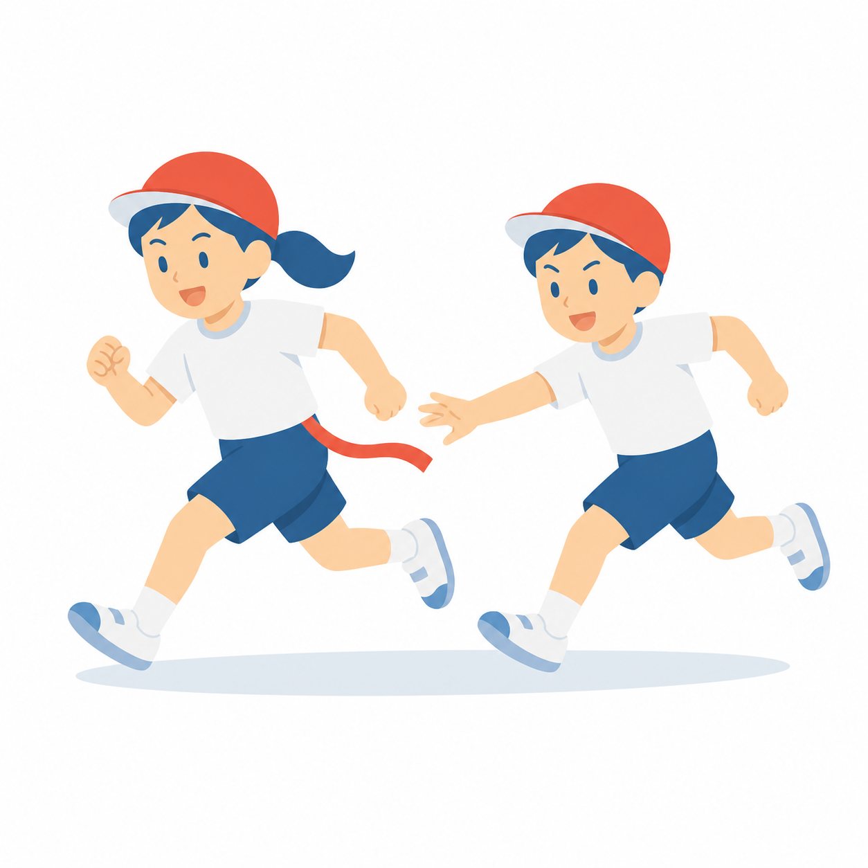 小学生・しっぽとりをする子。しっぽとりで走る2人。輪郭線なしのフラットイラスト。小学生の活動場面シリーズ（私服・体操服・白衣）。