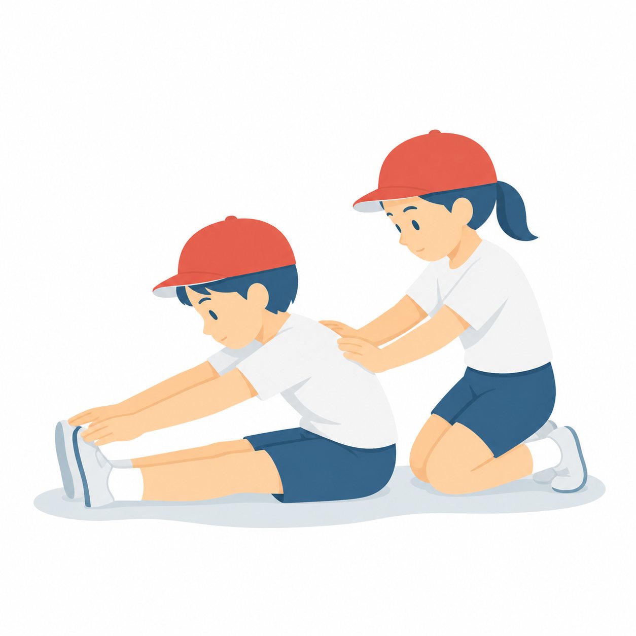 小学生・じゅんび運動をする子。ペアでストレッチする2人。輪郭線なしのフラットイラスト。小学生の活動場面シリーズ（私服・体操服・白衣）。