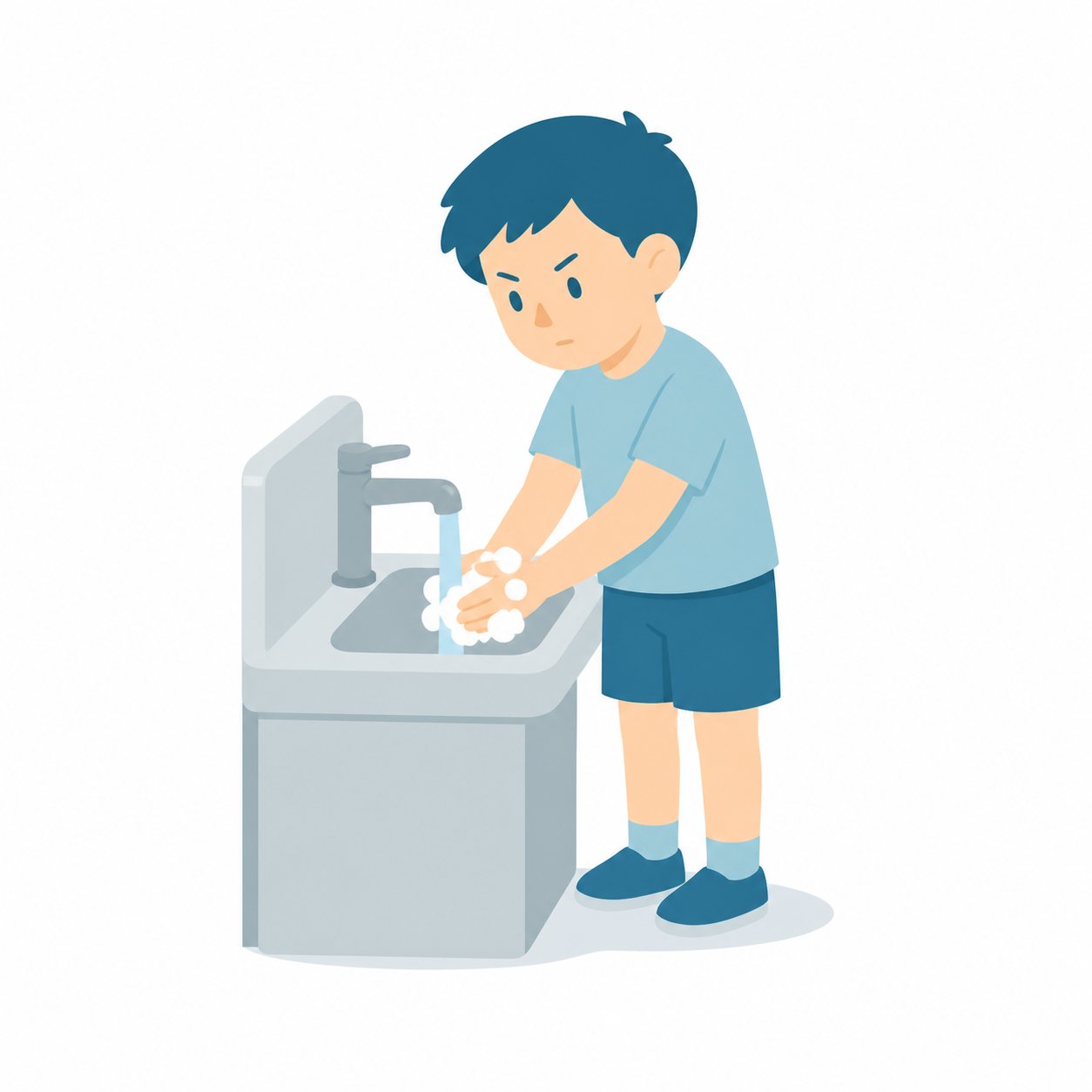小学生・手あらいをする子。せっけんで手を洗う1年生。輪郭線なしのフラットイラスト。小学生の活動場面シリーズ（私服・体操服・白衣）。