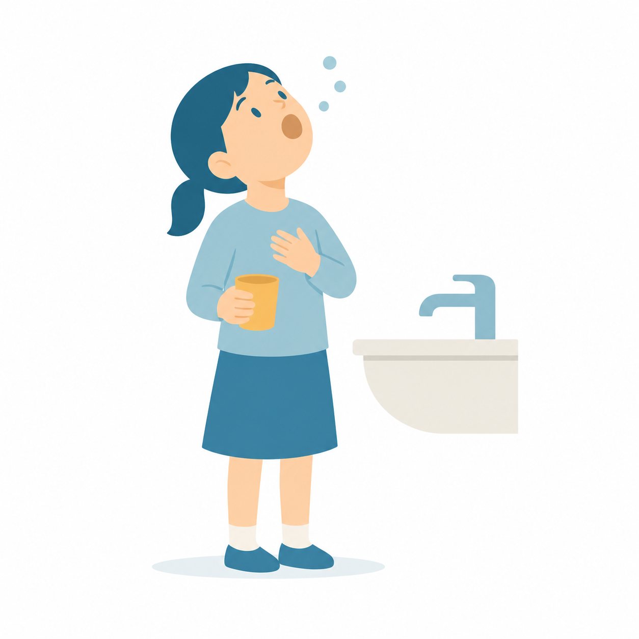 小学生・うがいをする子。うがいをする女の子。輪郭線なしのフラットイラスト。小学生の活動場面シリーズ（私服・体操服・白衣）。