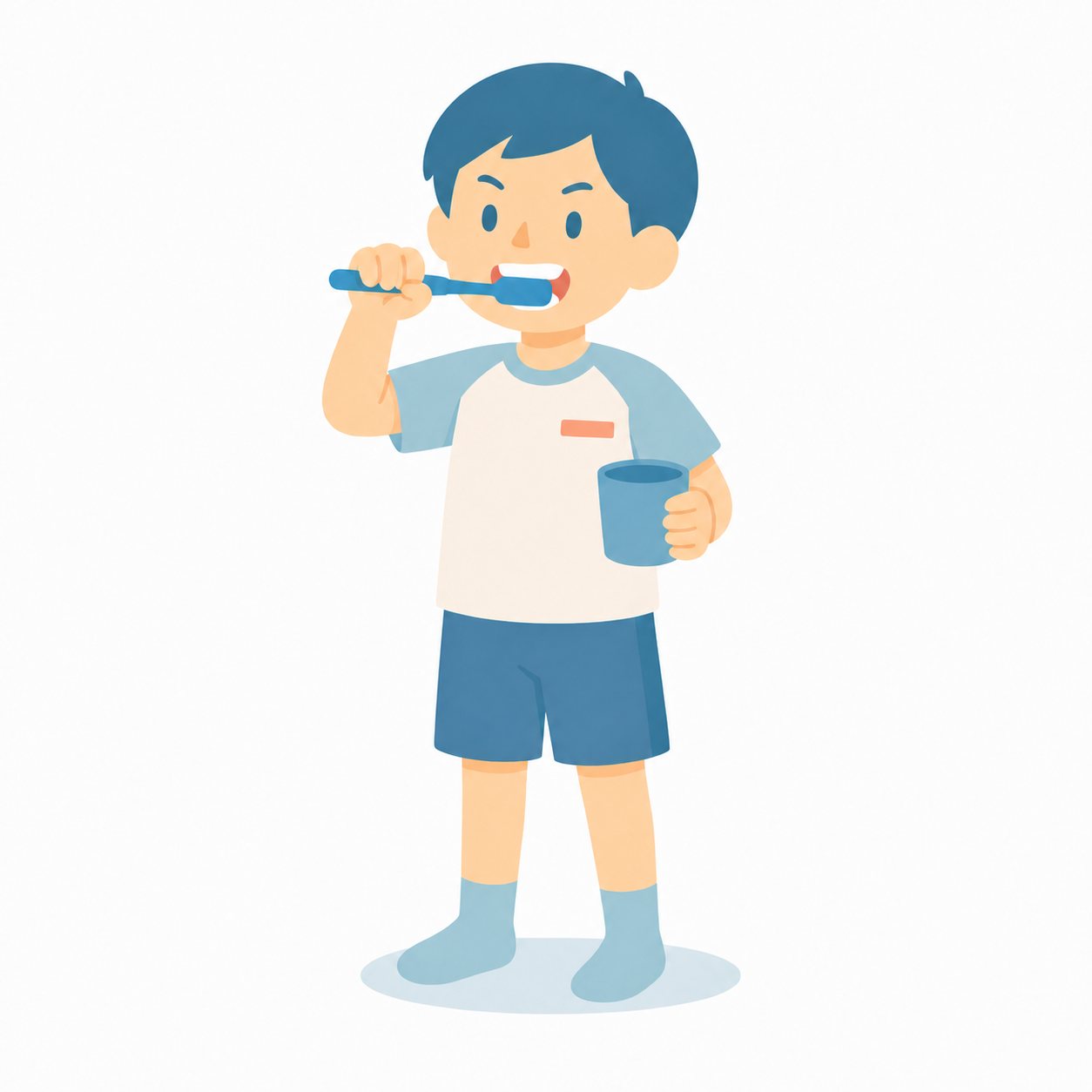 小学生・歯みがきをする子。歯みがきをする男の子。輪郭線なしのフラットイラスト。小学生の活動場面シリーズ(私服・体操服・白衣)。