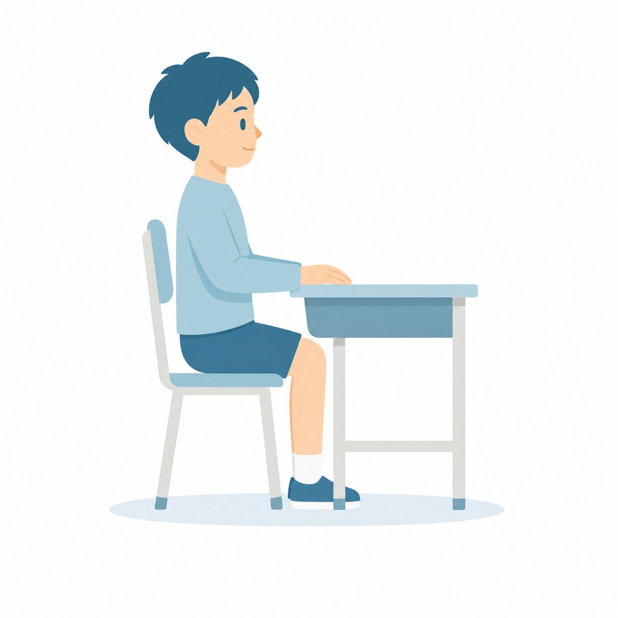 小学生・よいしせいですわる子。背筋を伸ばして座る男の子。輪郭線なしのフラットイラスト。小学生の活動場面シリーズ（私服・体操服・白衣）。