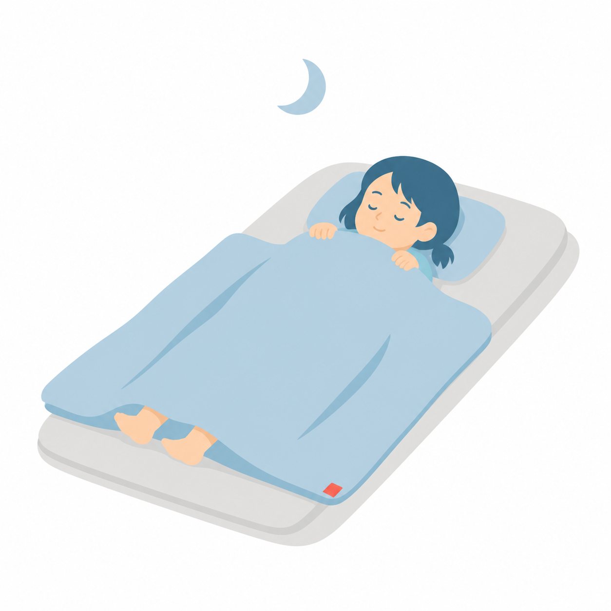小学生・ぐっすりねむる子。ふとんで眠る女の子。輪郭線なしのフラットイラスト。小学生の活動場面シリーズ（私服・体操服・白衣）。