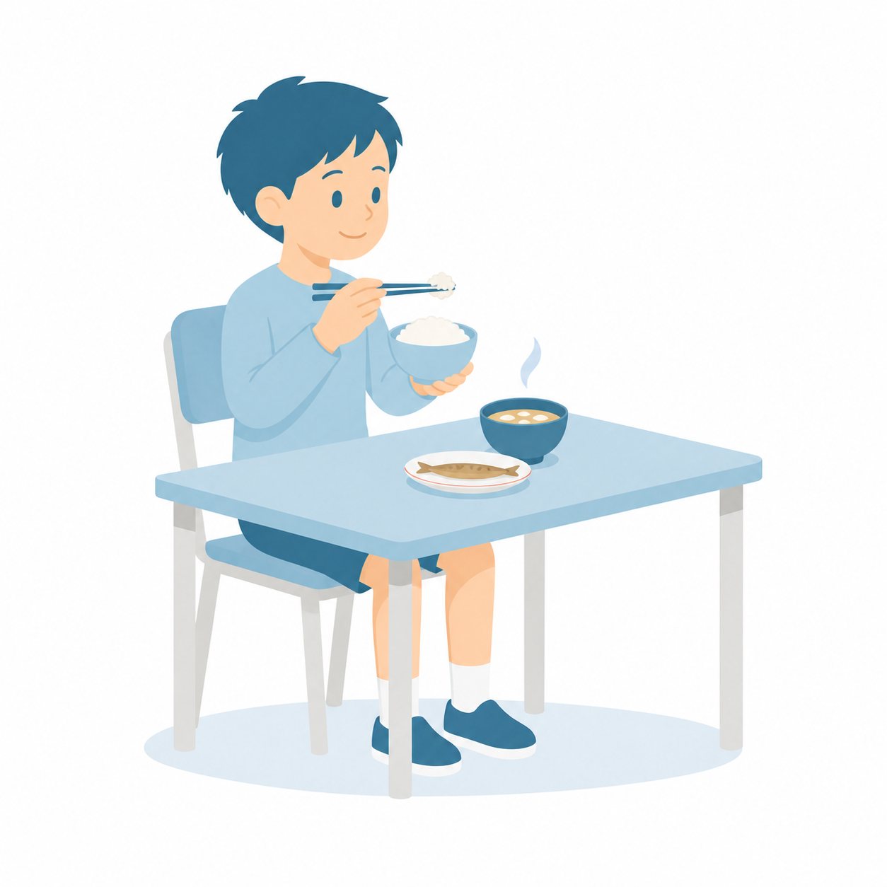小学生・朝ごはんを食べる子。朝ごはんをしっかり食べる男の子。輪郭線なしのフラットイラスト。小学生の活動場面シリーズ（私服・体操服・白衣）。