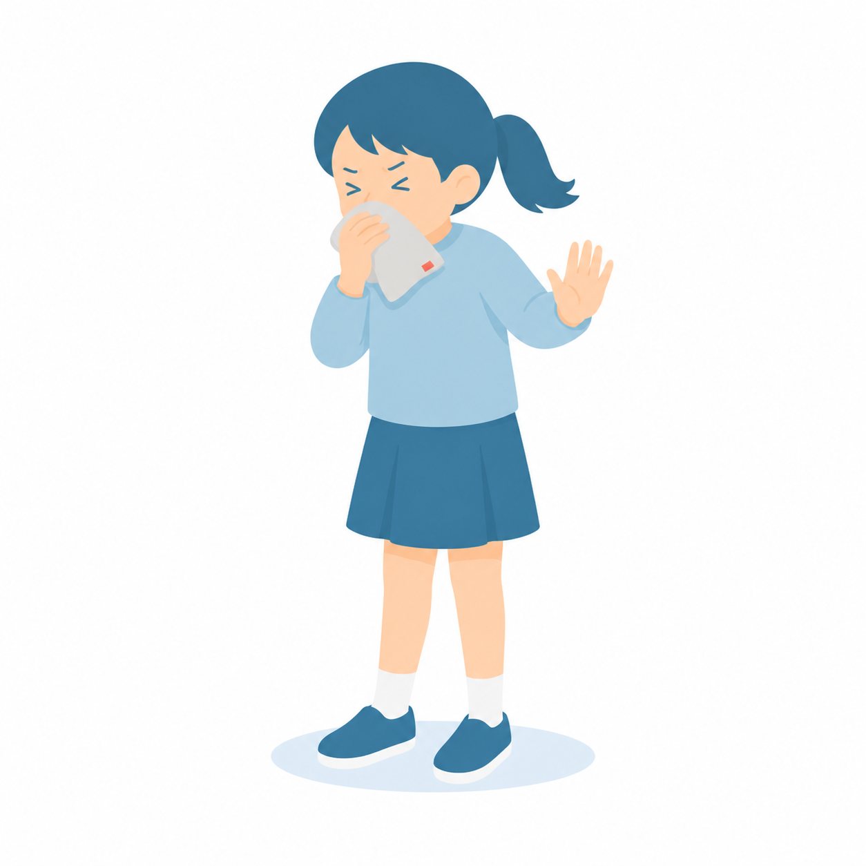 小学生・ハンカチで口をおさえる子。ハンカチで口を覆う女の子。輪郭線なしのフラットイラスト。小学生の活動場面シリーズ(私服・体操服・白衣)。