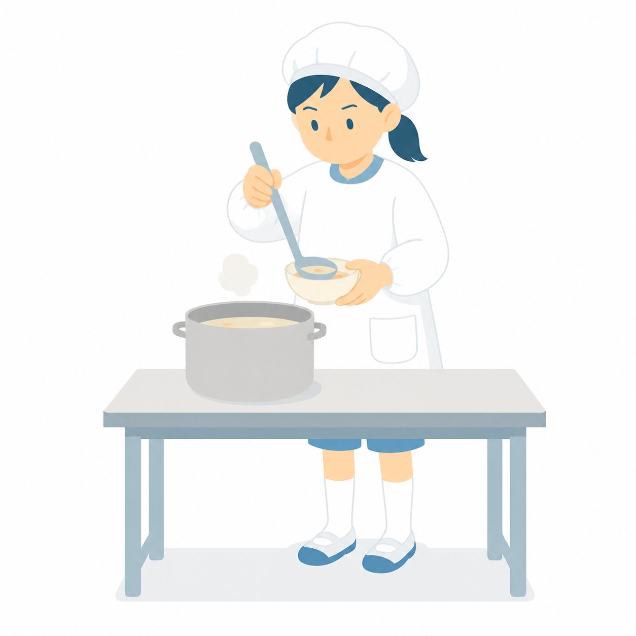 小学生・はいぜんをする子。おたまでスープをよそう給食当番。輪郭線なしのフラットイラスト。小学生の活動場面シリーズ（私服・体操服・白衣）。