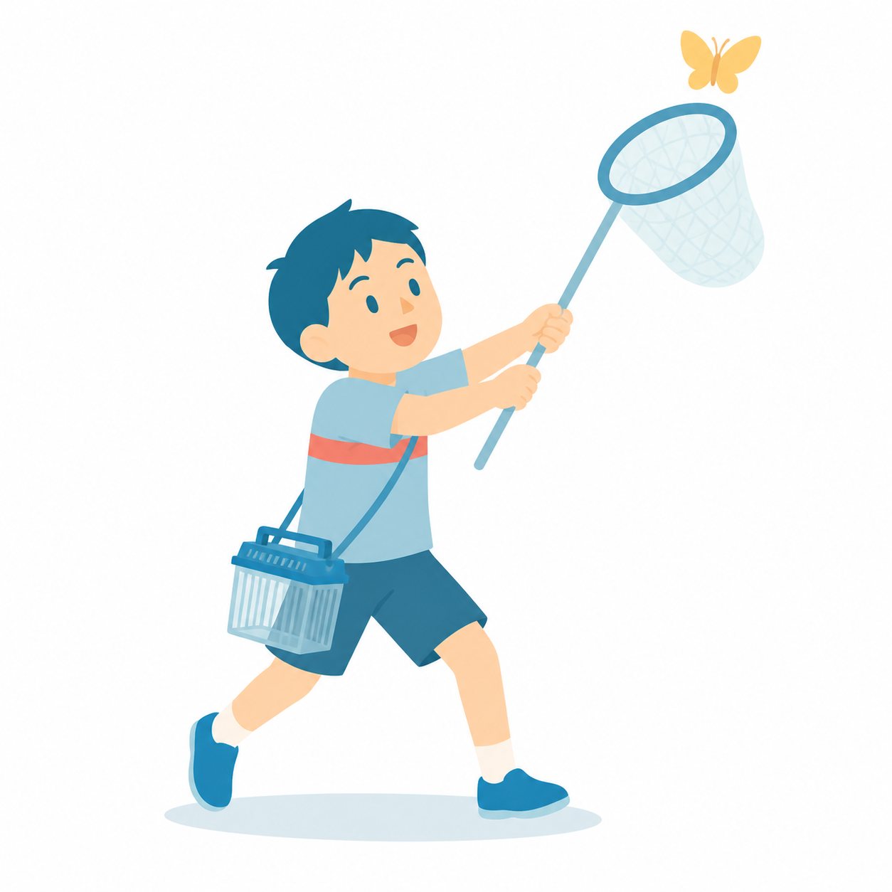 小学生・虫とりをする子。虫とり網をかまえる男の子。輪郭線なしのフラットイラスト。小学生の活動場面シリーズ(私服・体操服・白衣)。