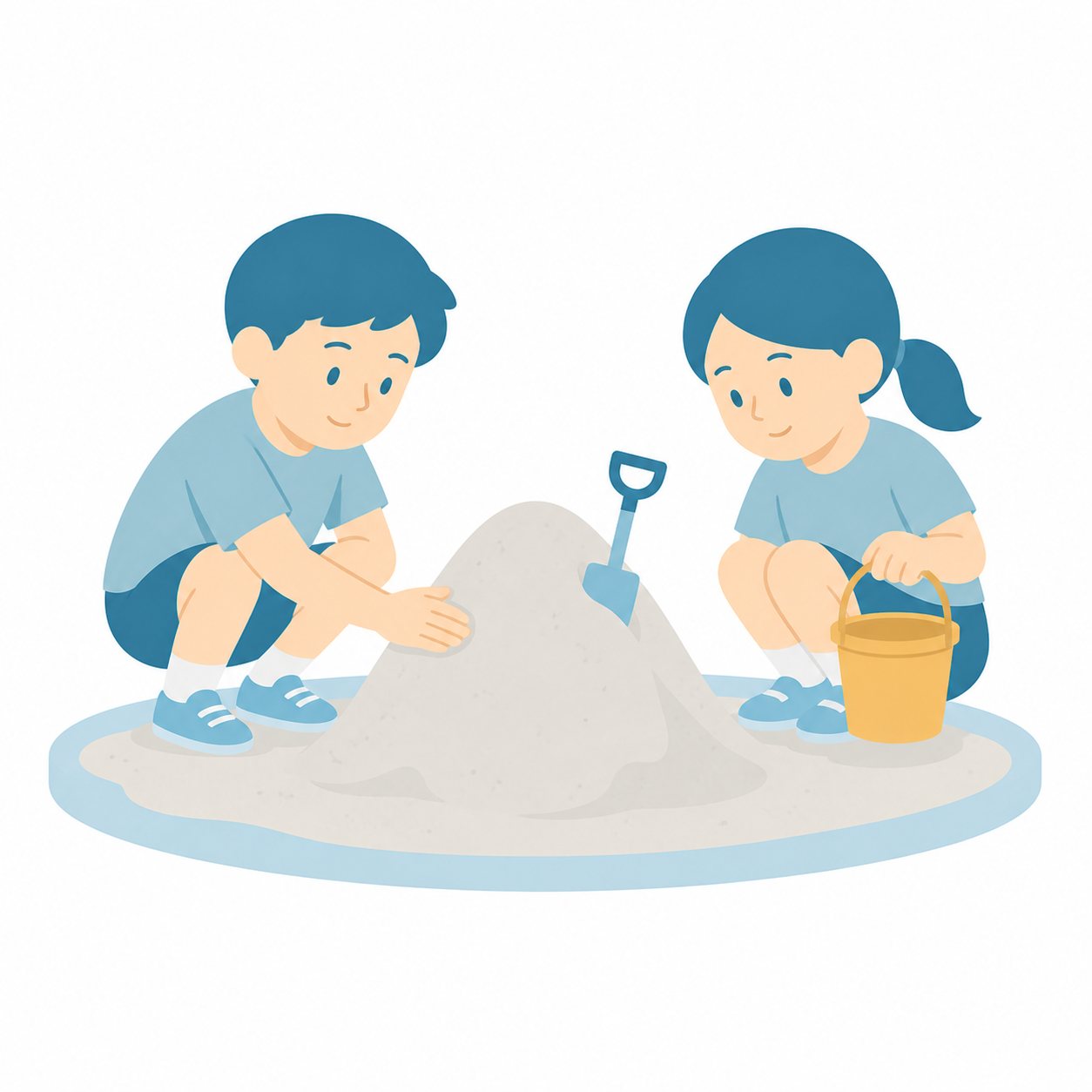 小学生・すなばであそぶ子。砂場で山をつくる2人。輪郭線なしのフラットイラスト。小学生の活動場面シリーズ（私服・体操服・白衣）。