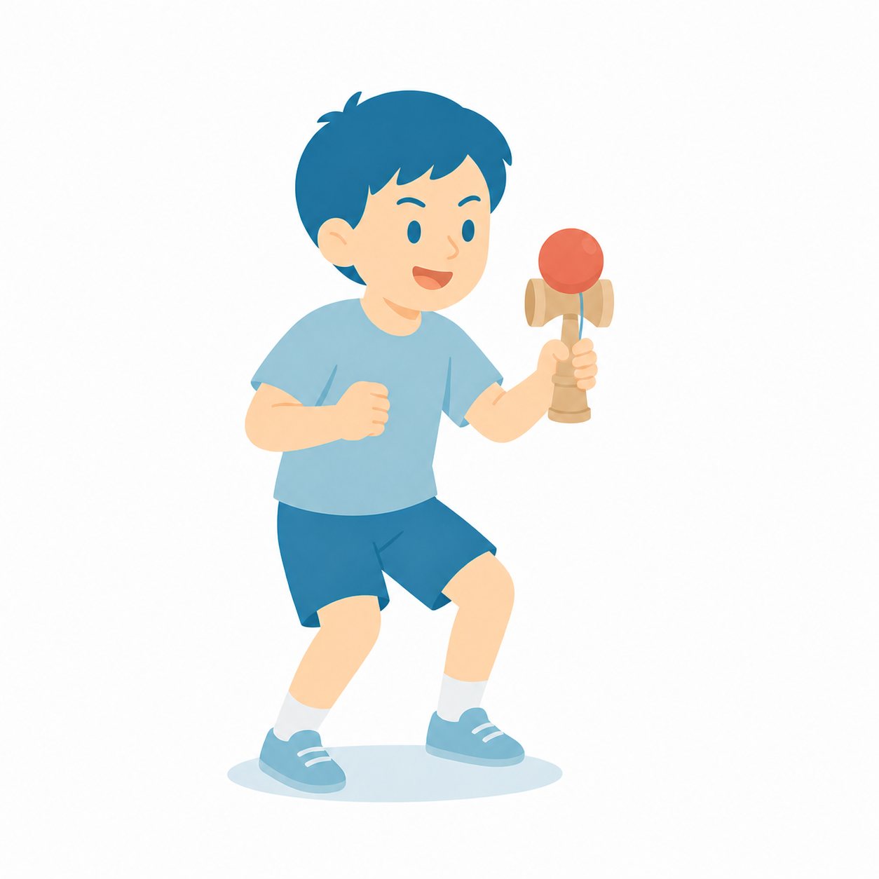 小学生・けん玉であそぶ子。けん玉をきめる男の子。輪郭線なしのフラットイラスト。小学生の活動場面シリーズ(私服・体操服・白衣)。
