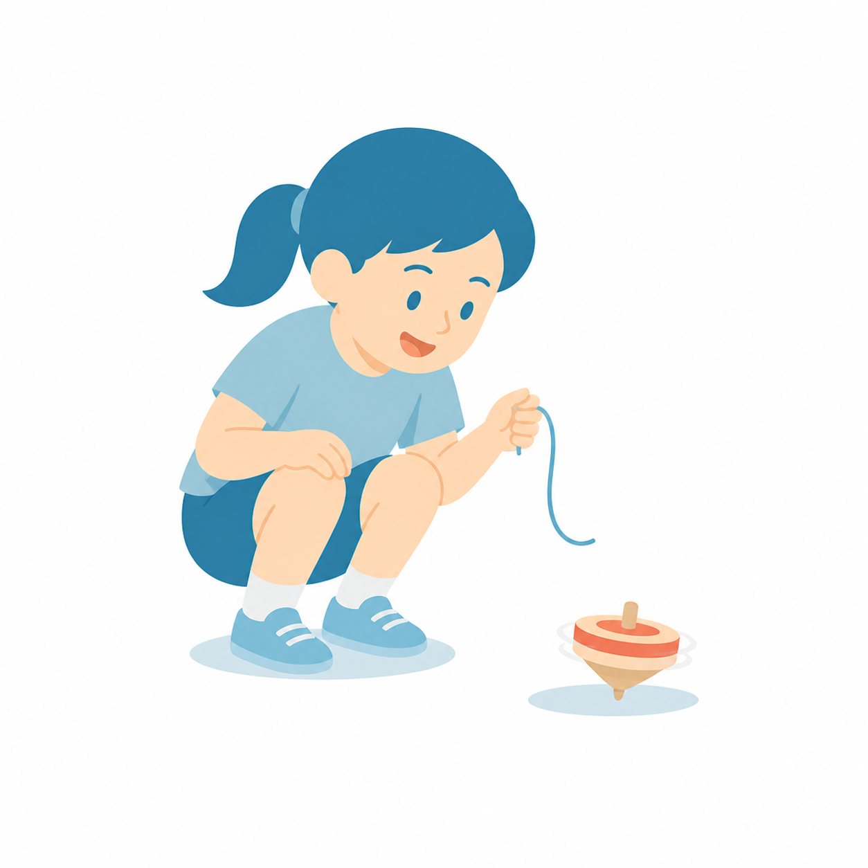 小学生・こままわしをする子。こまを回す女の子。輪郭線なしのフラットイラスト。小学生の活動場面シリーズ(私服・体操服・白衣)。