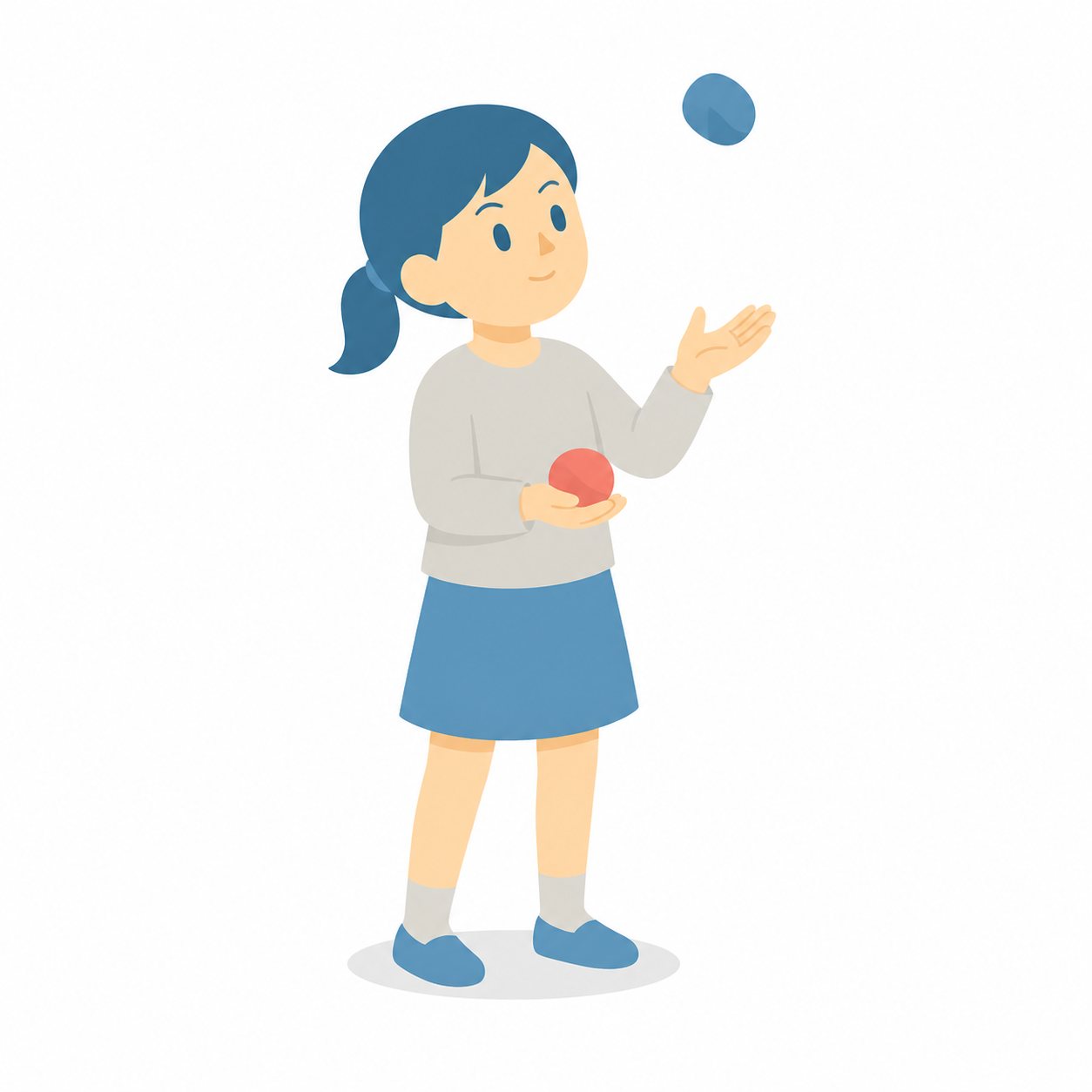 小学生・お手玉であそぶ子。お手玉をする女の子。輪郭線なしのフラットイラスト。小学生の活動場面シリーズ(私服・体操服・白衣)。