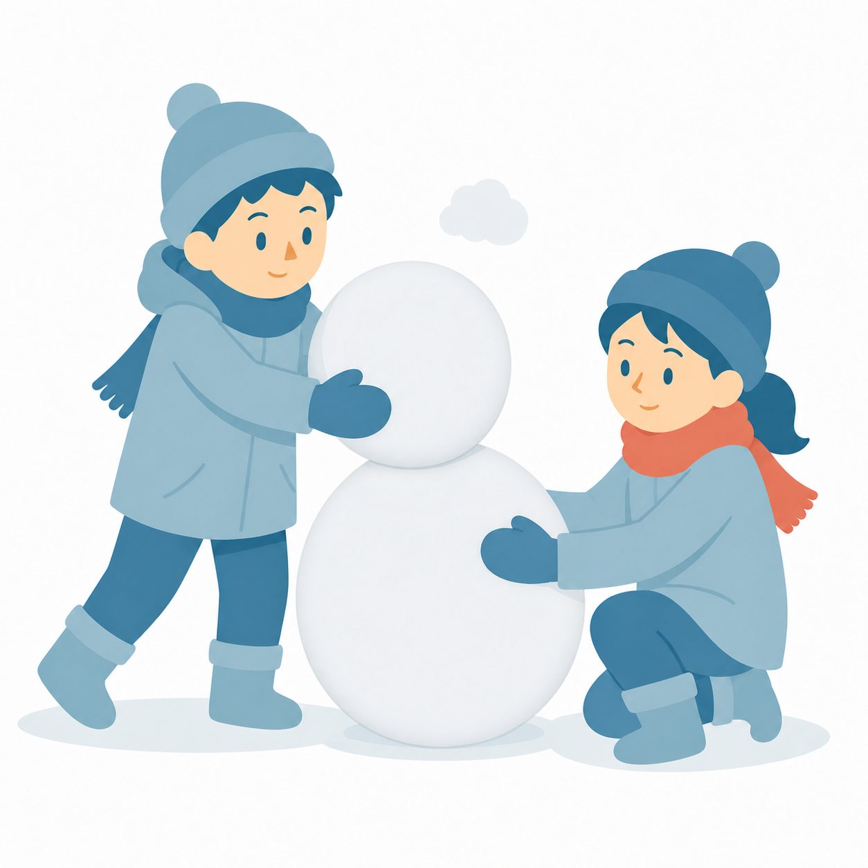 小学生・雪だるまをつくる子。雪だるまをつくる2人。輪郭線なしのフラットイラスト。小学生の活動場面シリーズ（私服・体操服・白衣）。