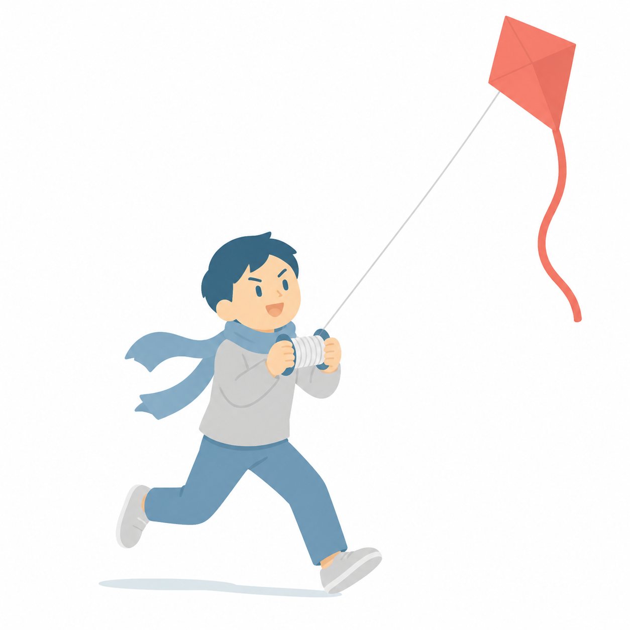 小学生・たこあげをする子。たこあげをする男の子。輪郭線なしのフラットイラスト。小学生の活動場面シリーズ（私服・体操服・白衣）。
