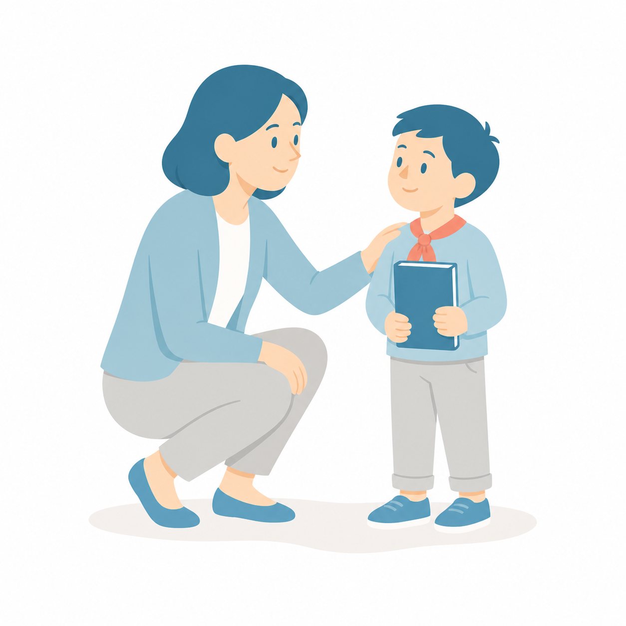 小学生・子どもに声をかける先生。しゃがんで目線を合わせる先生。輪郭線なしのフラットイラスト。小学生の活動場面シリーズ（私服・体操服・白衣）。