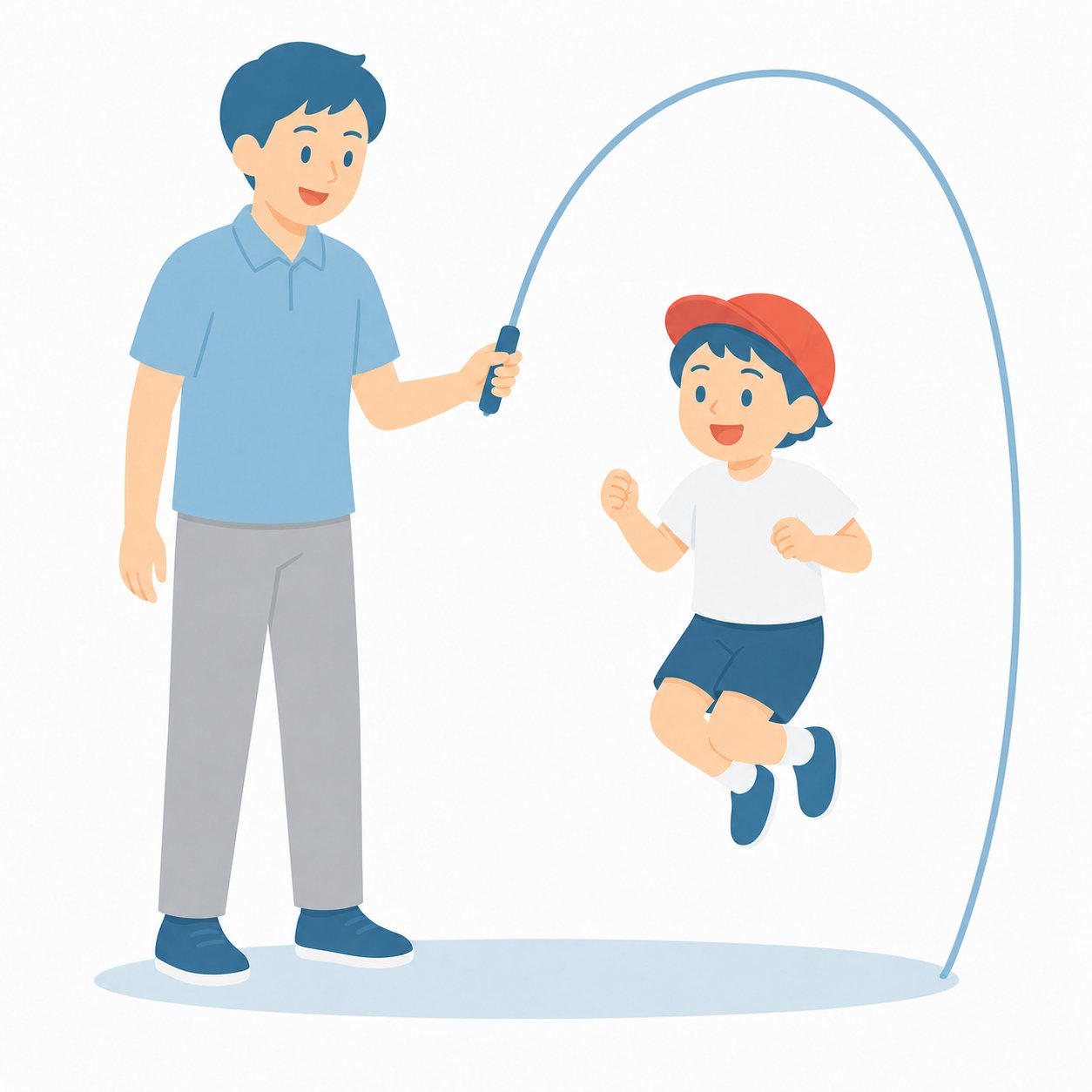 小学生・子どもとあそぶ先生。大縄を回して子どもと遊ぶ先生。輪郭線なしのフラットイラスト。小学生の活動場面シリーズ（私服・体操服・白衣）。