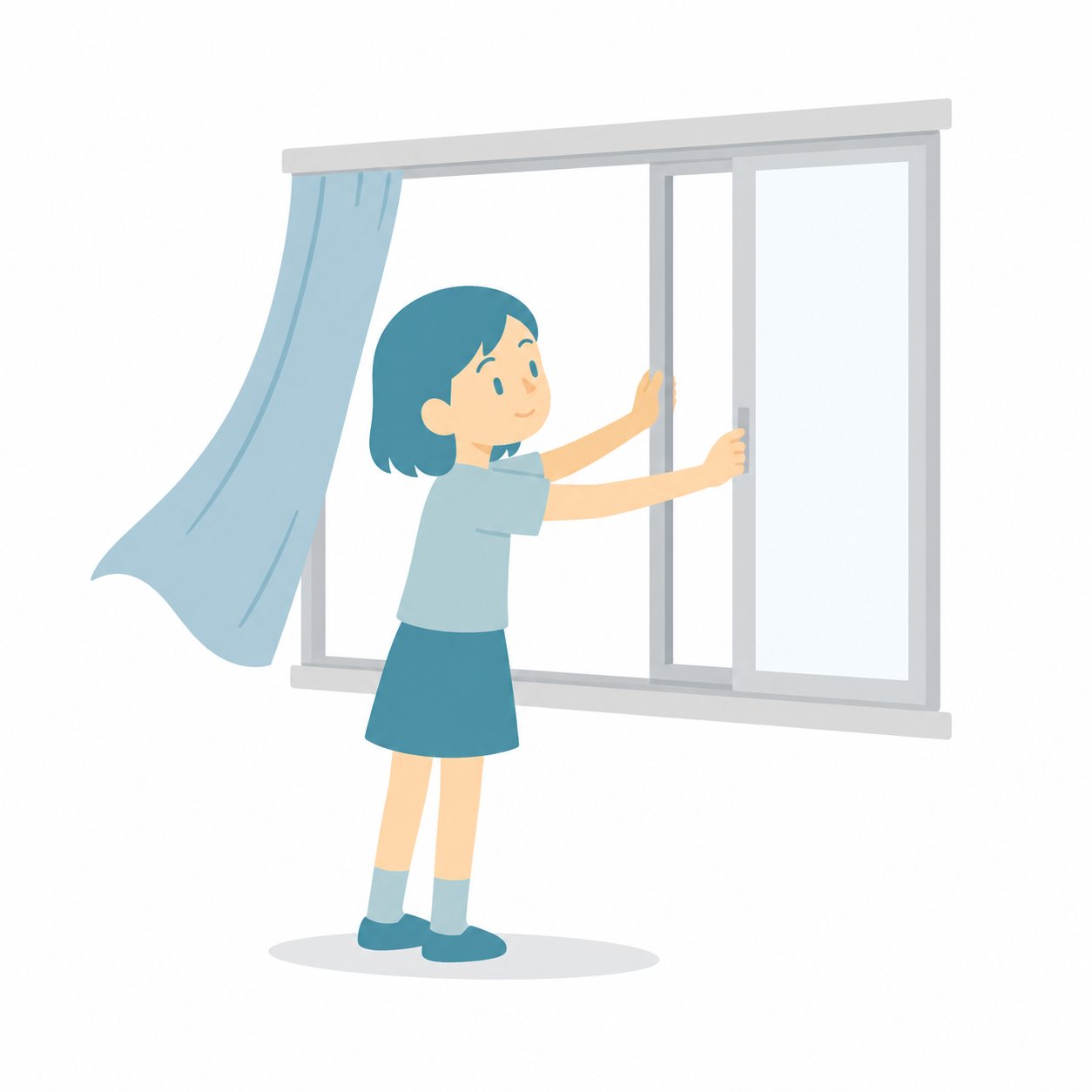小学生・まどを開けてかんきする子。教室のまどを両手で開けて、外を見る子。カーテンがふわりと持ち上がっている。