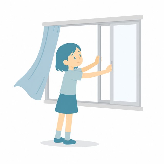 小学生・まどを開けてかんきする子