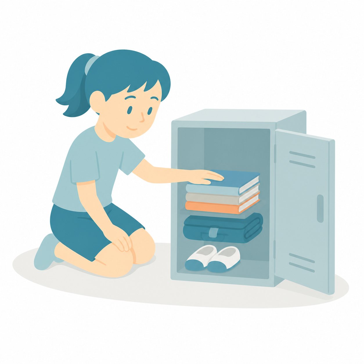 小学生・ロッカーをせいとんする子。ロッカーの前にひざをついて、本の向きをそろえ、上ぐつを並べている子。