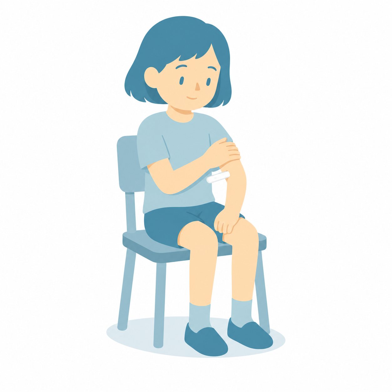 小学生・体温をはかる子。いすにすわり、体温計をわきにはさんで、もう一方の手でうでを押さえて待つ子。