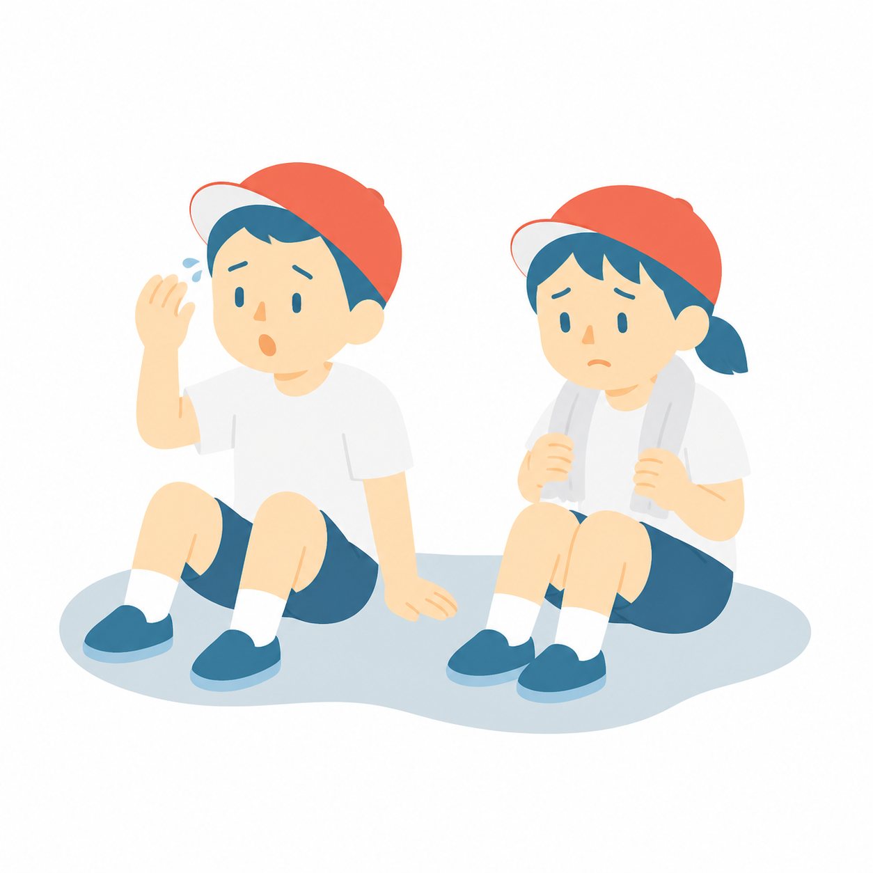 小学生・日かげで休むふたり。走ったあと、日かげにすわって休むふたり。ひとりは手であおぎ、ひとりは首にタオルをかけている。