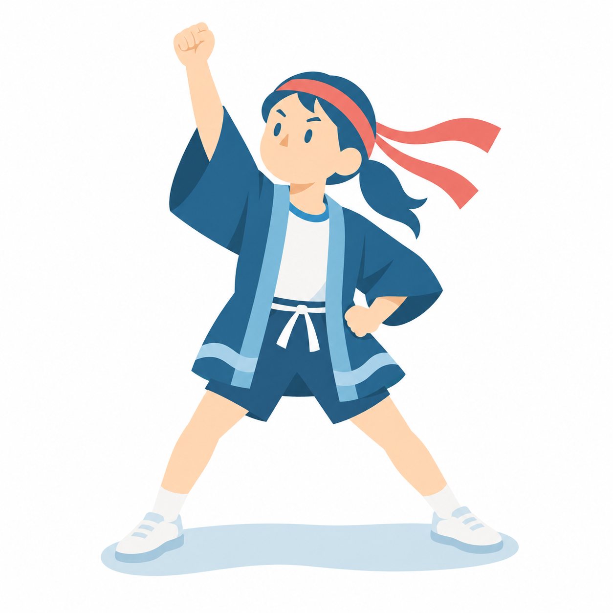 小学生・ソーラン節をおどる子(こぶしをつき上げる)。はっぴとはちまきで、右のこぶしを空につき上げる子。文字なし・白背景。