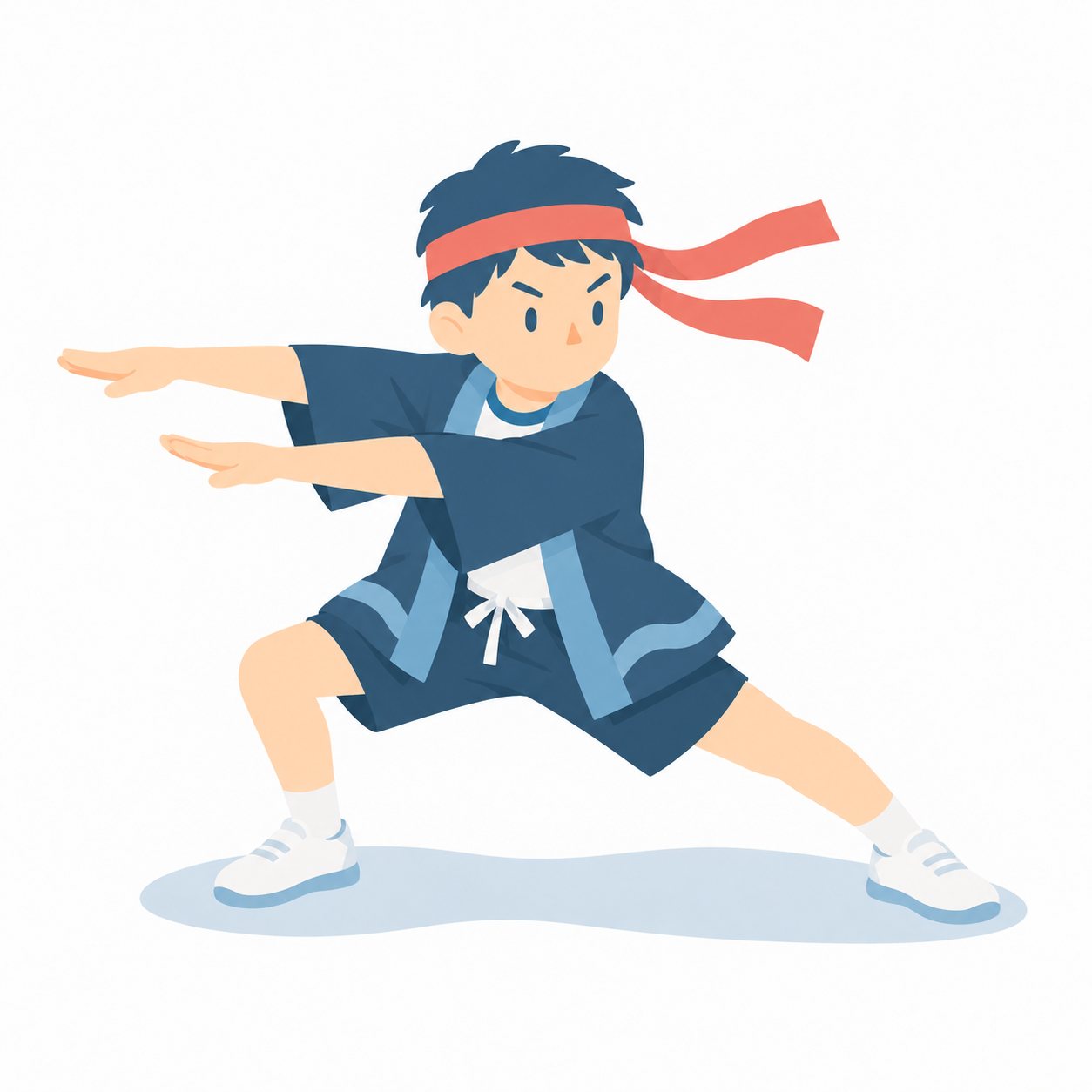 小学生・ソーラン節をおどる子（波の動き）。こしを低くして、両うでを横にのばし、波をえがく動きをする子。文字なし・白背景。