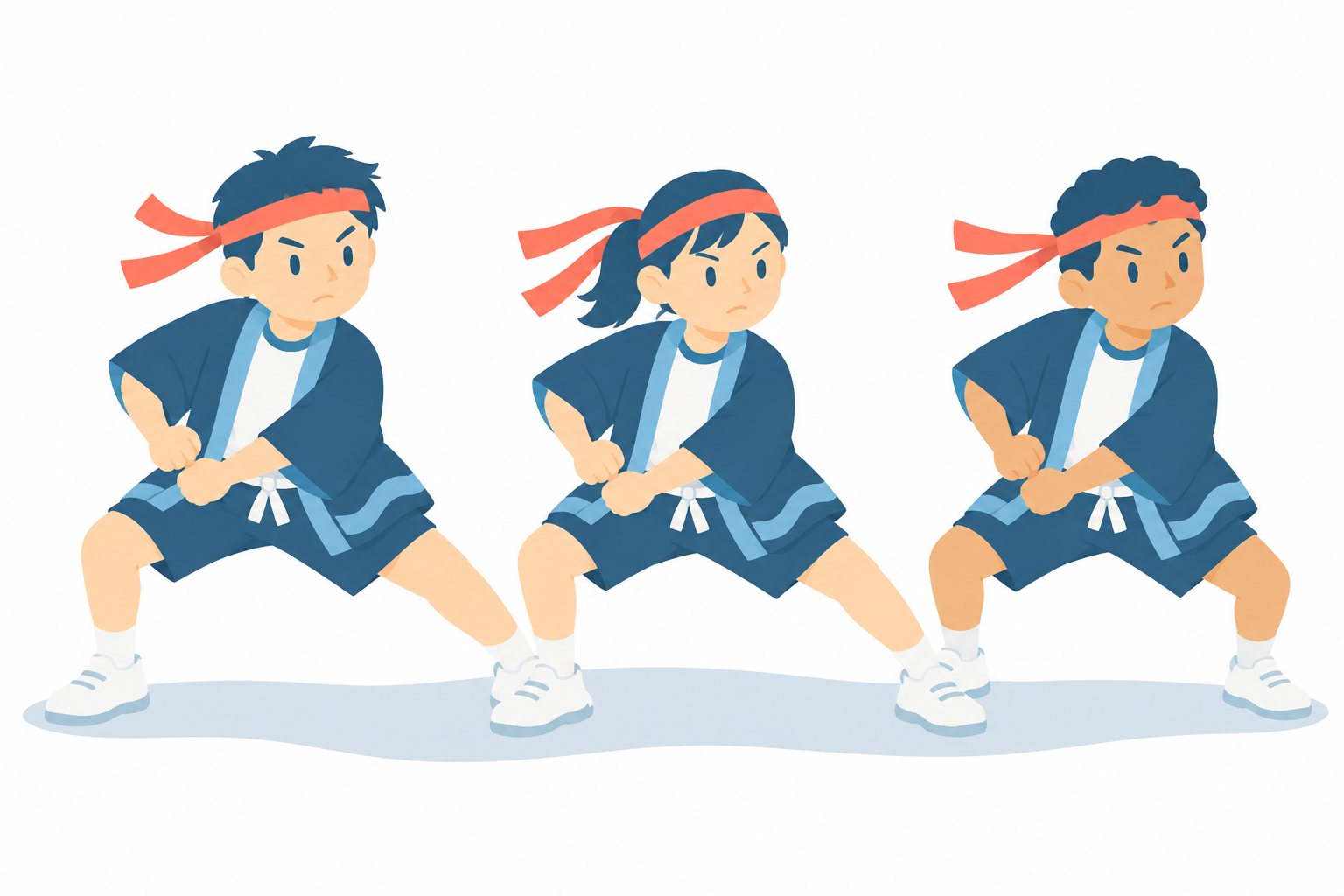 小学生・ソーラン節をそろっておどる3人。はっぴとはちまきの3人が、同じ低いかまえでそろっておどっている。文字なし・白背景。