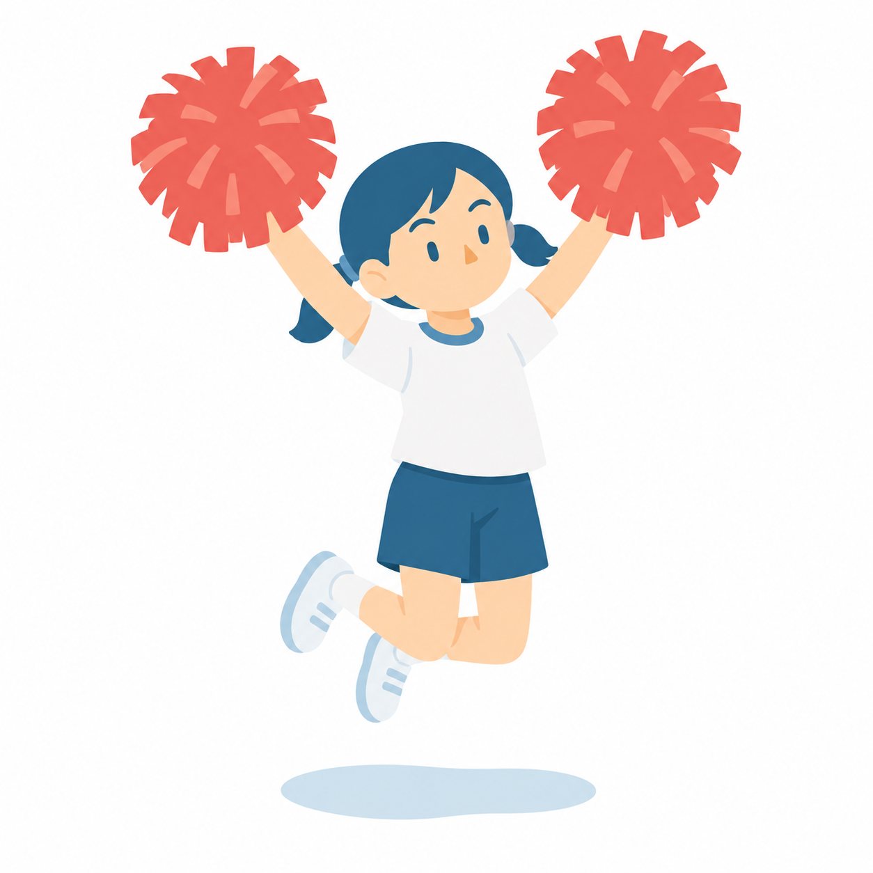 小学生・ポンポンを持ってジャンプする子。赤いポンポンを両手に持ち、うでを上げてジャンプしている低学年の子。文字なし・白背景。