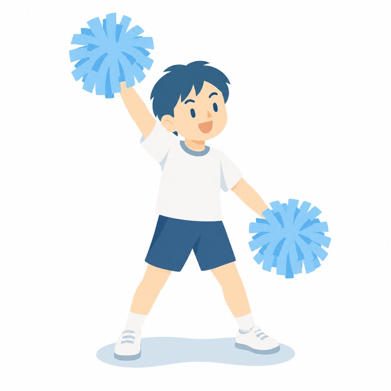 小学生・ポンポンを持っておどる子。青いポンポンを両手に持ち、ななめ上とななめ下にうでをのばす低学年の子。文字なし・白背景。