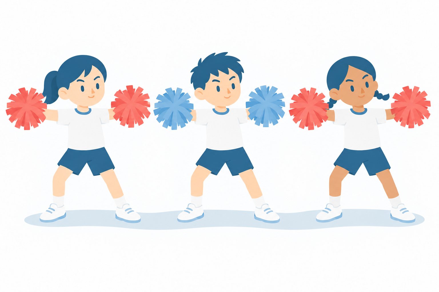 小学生・ポンポンを持っておどる3人。赤と青のポンポンを持った1年生3人が、そろっておどっている。文字なし・白背景。
