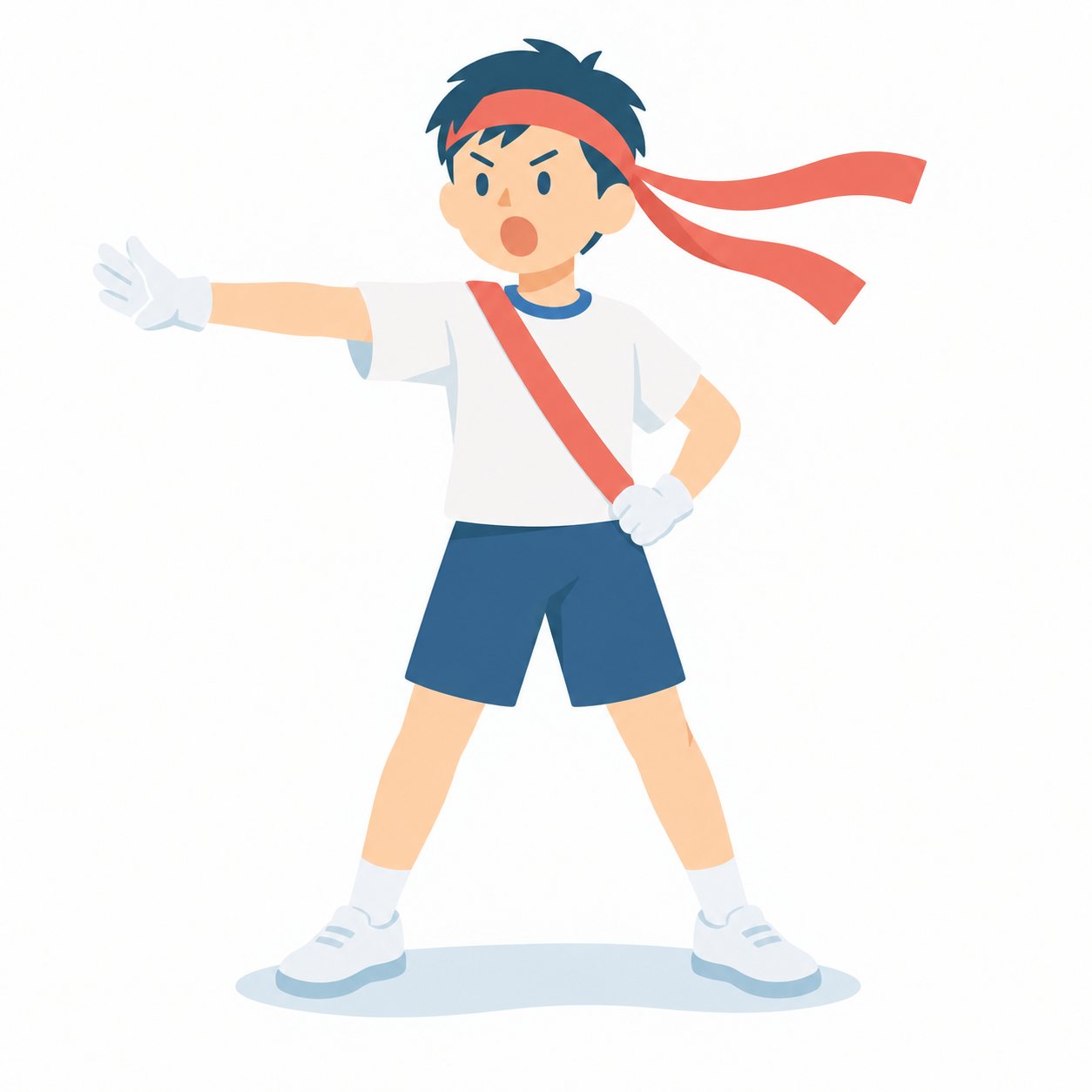 小学生・応援団の子。はちまき、たすき、白い手ぶくろをつけて、うでをまっすぐのばして声を出す応援団の子。文字なし・白背景。